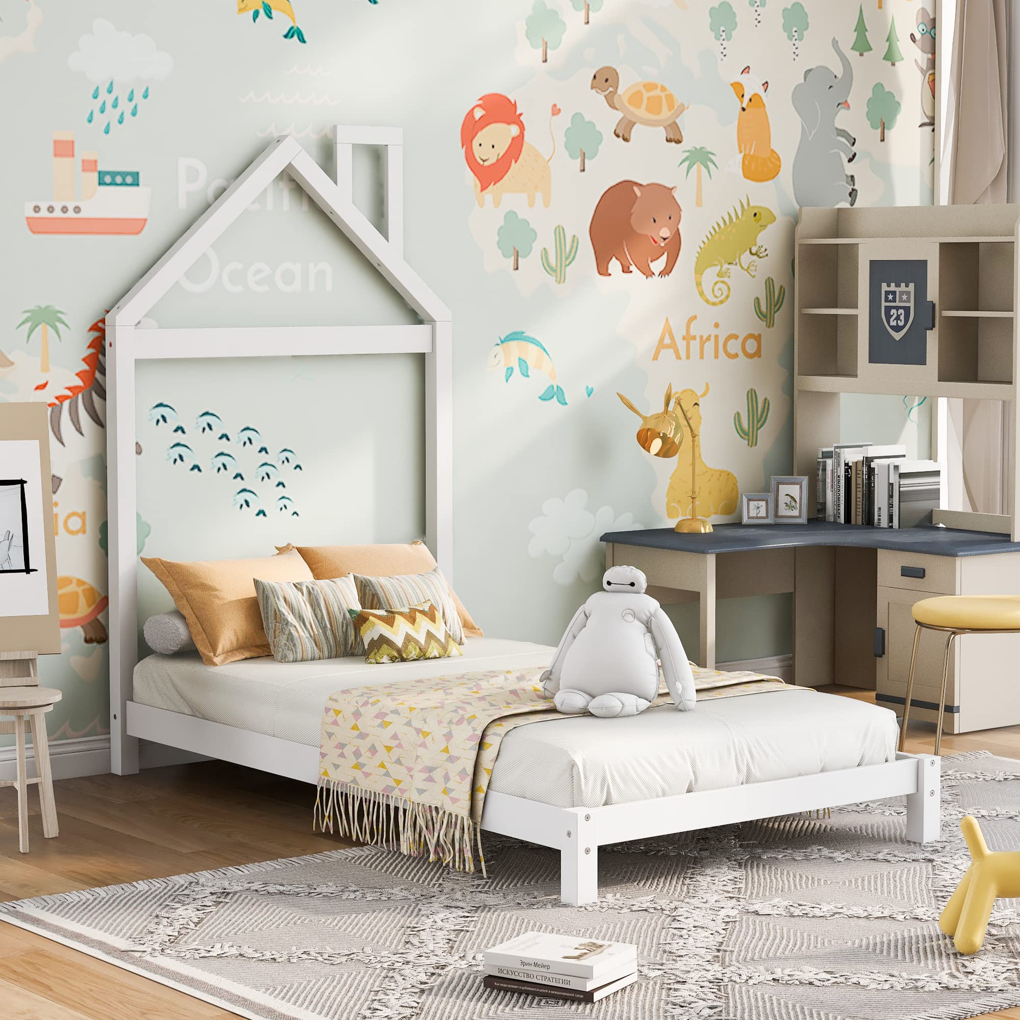 Twin Size Wood Platform Bed Frame with House Shaped Headboard - No Box Spring Needed, White - Perfect for Kids Rooms, Guest Bedrooms & Small Spaces