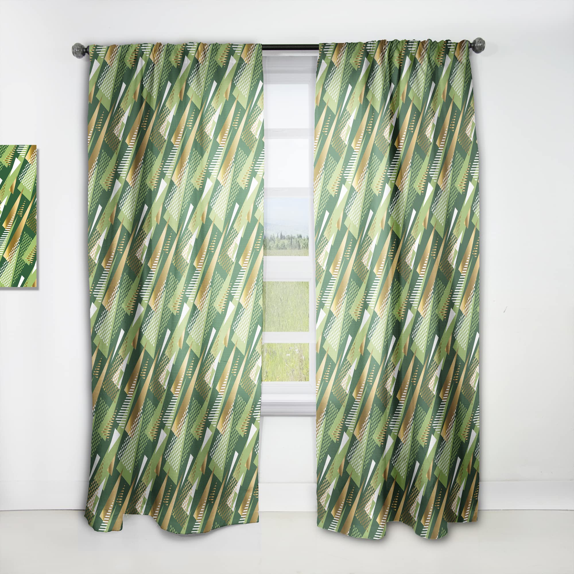 DesignQ Thermal Insulated Curtains - Gold & Green Triangle Pattern Single Panel (52x120 inches) for Bedroom & Living Room - Energy Saving, Blackout Drapes for Home Decor