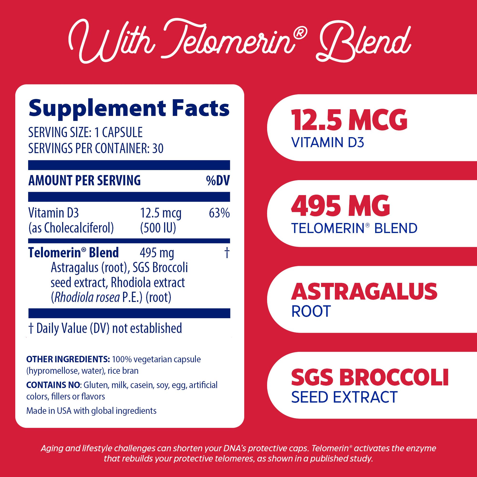 Enzymedica Telomere Plus Supplement - 30 Capsules for Cellular Health & Longevity | Supports Aging & Wellness | Daily Use for Adults