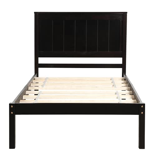 Rustic Platform Bed Frame with Headboard - Solid Wood Slat Support, No Box Spring Needed, Twin Size in Espresso Finish - Perfect for Small Bedrooms, Guest Rooms & Modern Farmhouse Decor