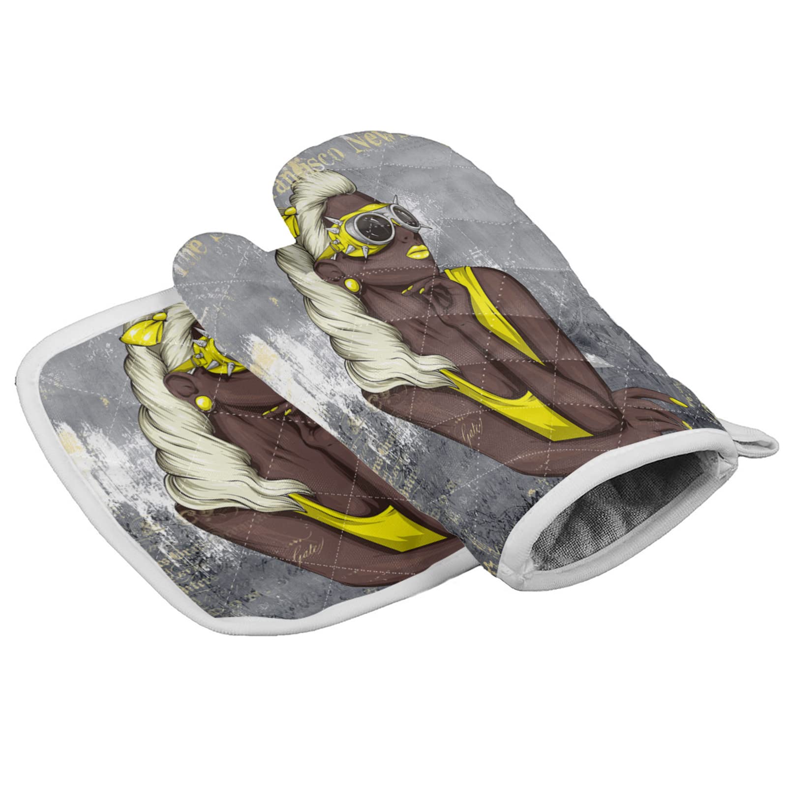 African American Black Girl Oven Mitts & Pot Holders Set - Heat Resistant Kitchen Mittens with Yellow Dress Design for Cooking, Baking, Grilling - Perfect for BBQ, Pot Handling & Safe Kitchen Use