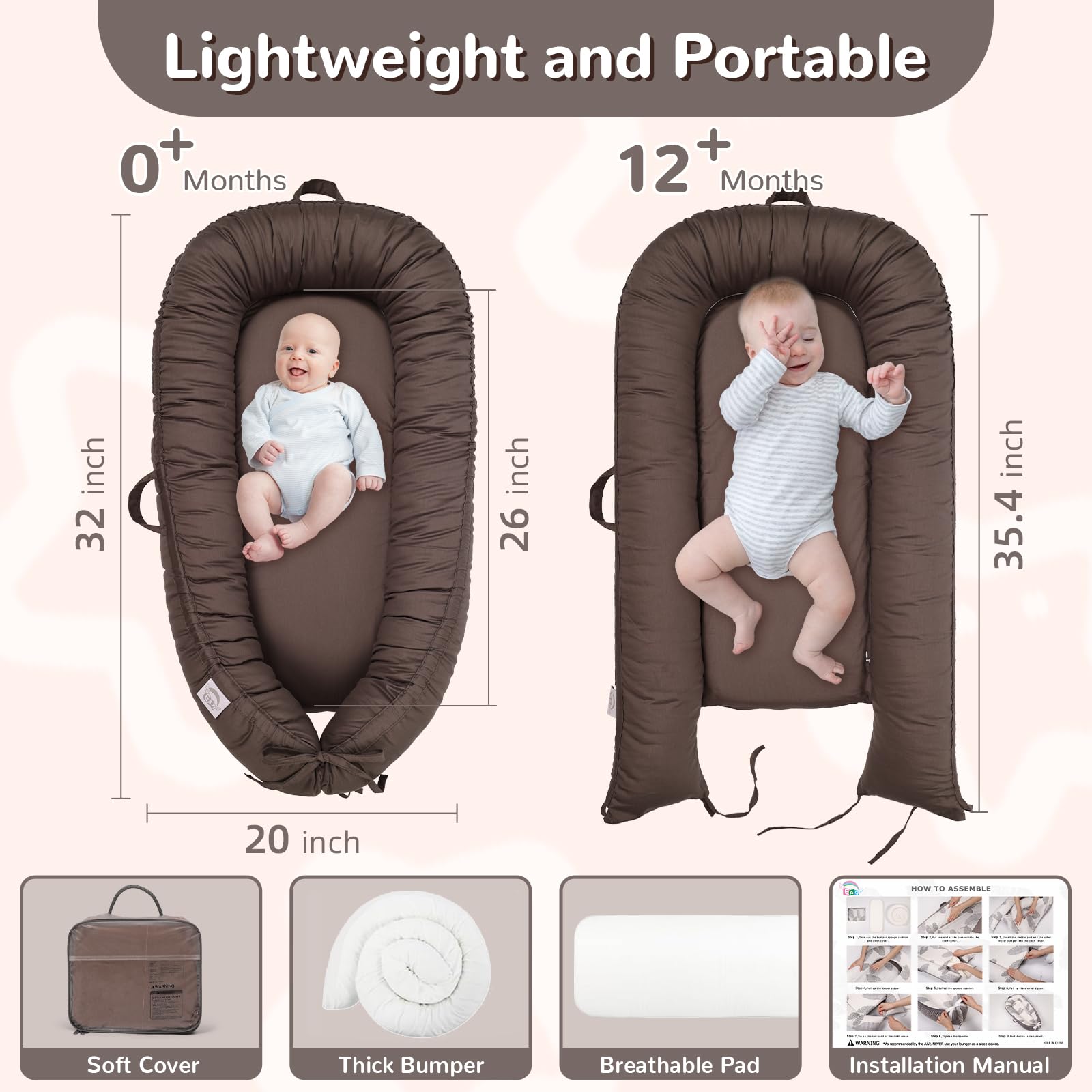 EAQ Baby Lounger - 100% Cotton Portable Infant Nest | Breathable & Soft Baby Bassinet for Co-Sleeping, Nursery, Travel | Safe Newborn Lounger Pillow for Snuggling, Playtime & On-the-Go Comfort | Perfect for Home, Daycare & Family Trips