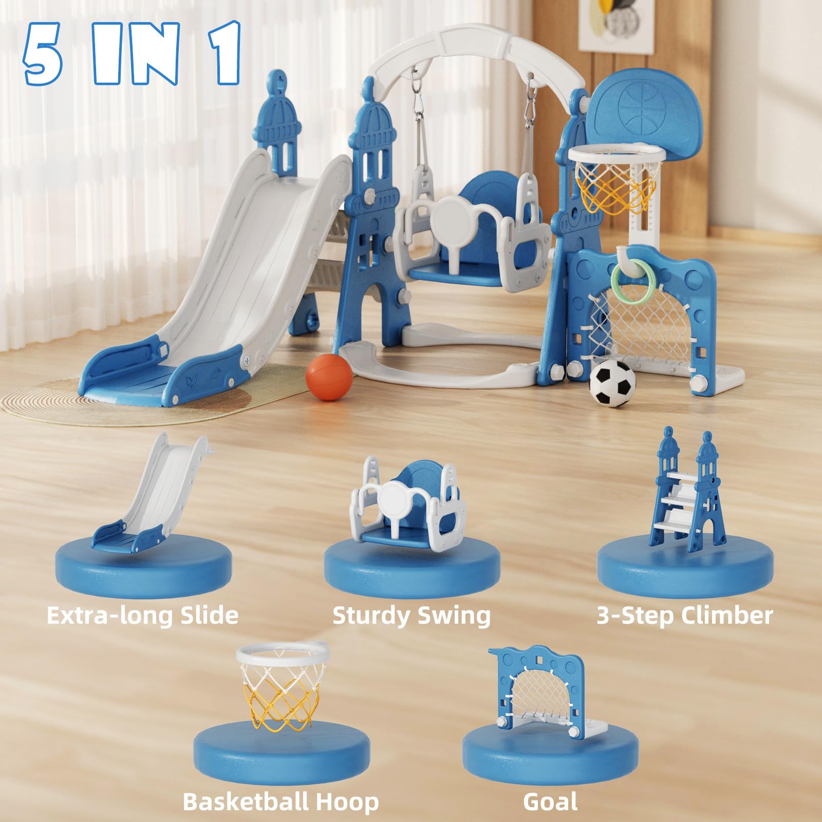 XJD 6-in-1 Toddler Slide and Swing Set for Kids Ages 1-3 - Outdoor Indoor Playground with Basketball Hoop, Football Frame & Swing - Blue | Perfect for Backyard, Garden, Nursery & Daycare Play Areas