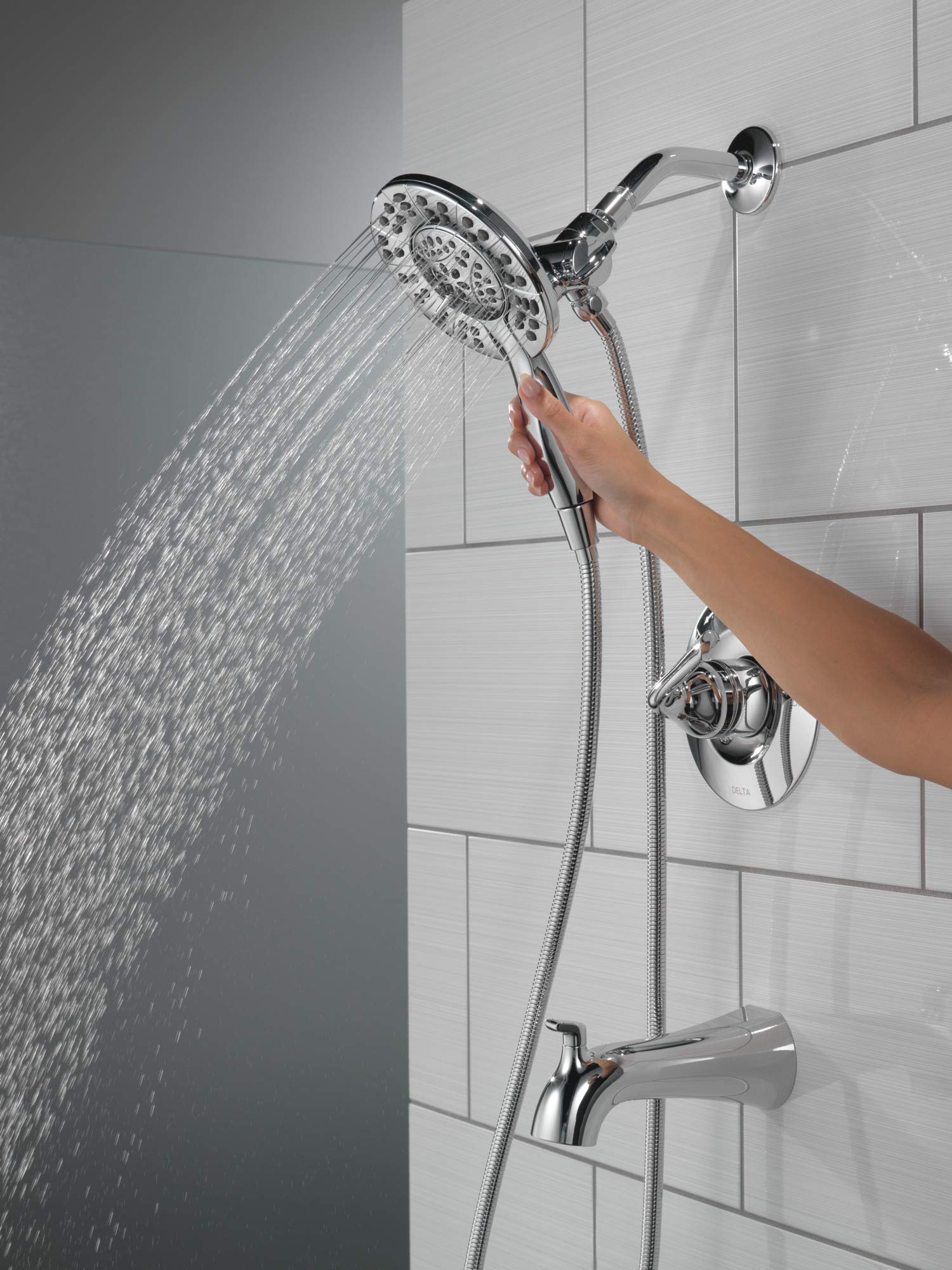 Delta Faucet Arvo 14 Series Single-Handle Tub and Shower Trim Kit - Chrome 144840-I with 4-Spray In2ition 2-in-1 Dual Handheld Shower Head & Hose (Valve Included) | Perfect for Bathroom Renovation, Modern Home Upgrade & Spa-Like Shower Experience
