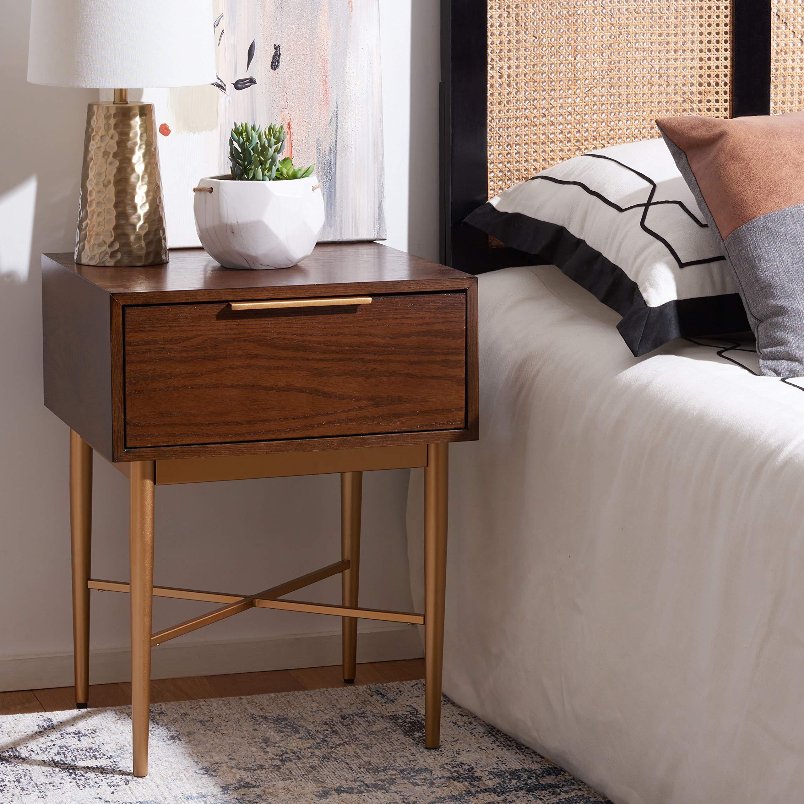 Safavieh Home Pierre Modern Walnut and Gold 1-Drawer Nightstand - Stylish Bedside Table for Bedroom Decor with Storage Space