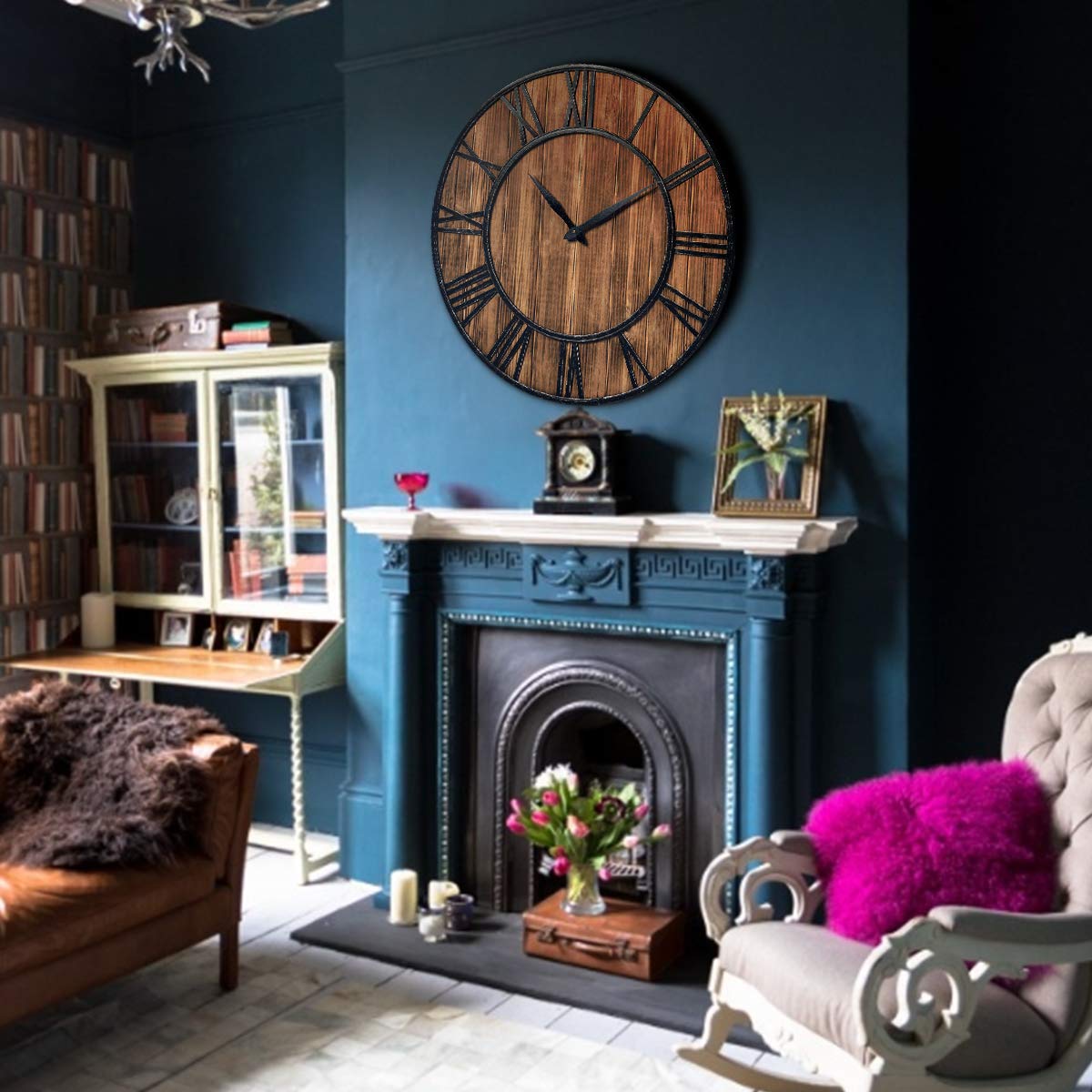 Tangkula 27.5 Inch Round Wall Clock - Farmhouse Large Wall Clock with Roman Numerals, Decorative Wooden Clock for Home & Office - Rustic Bronze Brown Wall Clock with AA Battery Included - Perfect for Living Room, Bedroom, Kitchen Decor
