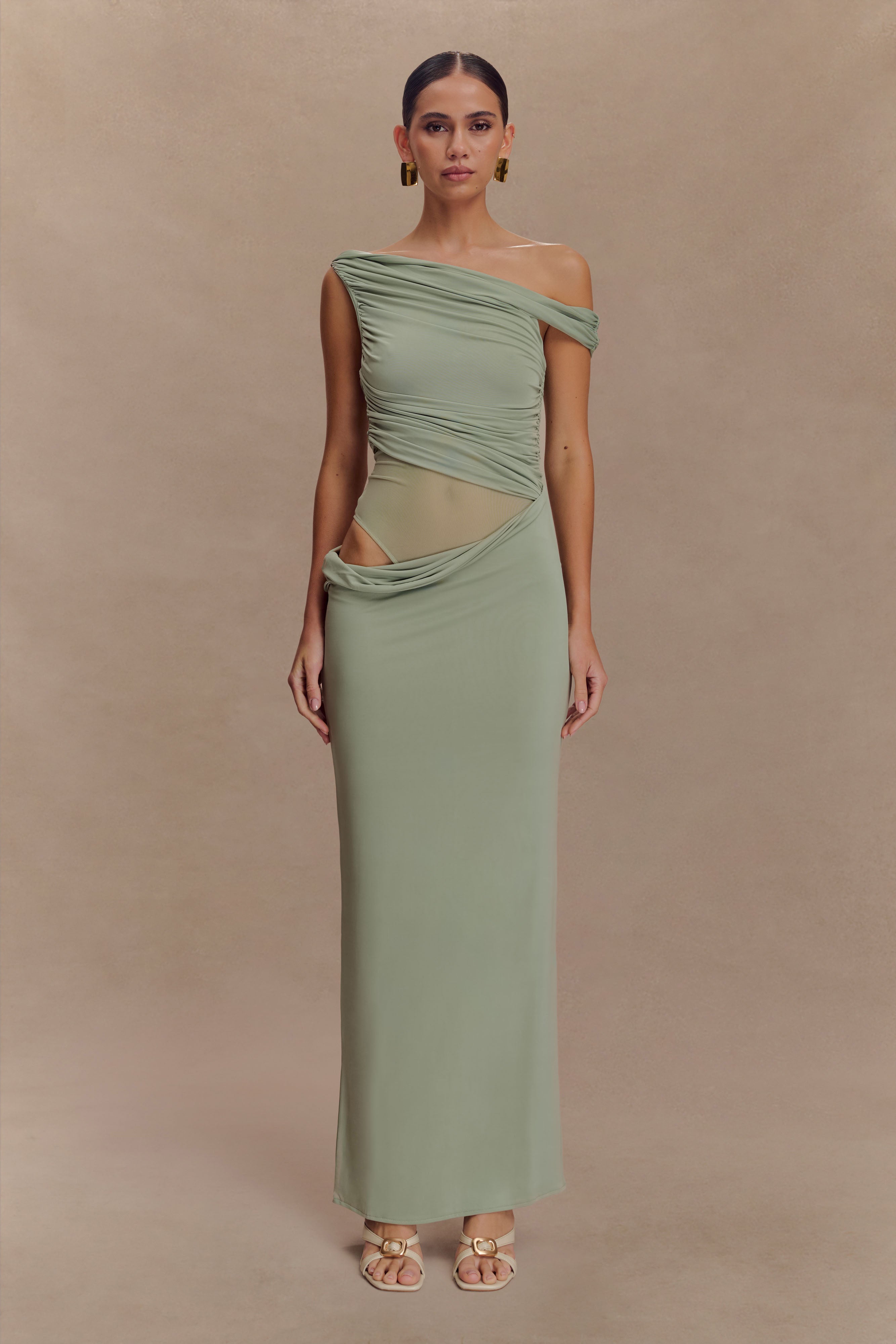 Callen One Shoulder Slinky Maxi Dress in Sage Green - Elegant Formal Gown for Weddings, Parties & Evening Events
