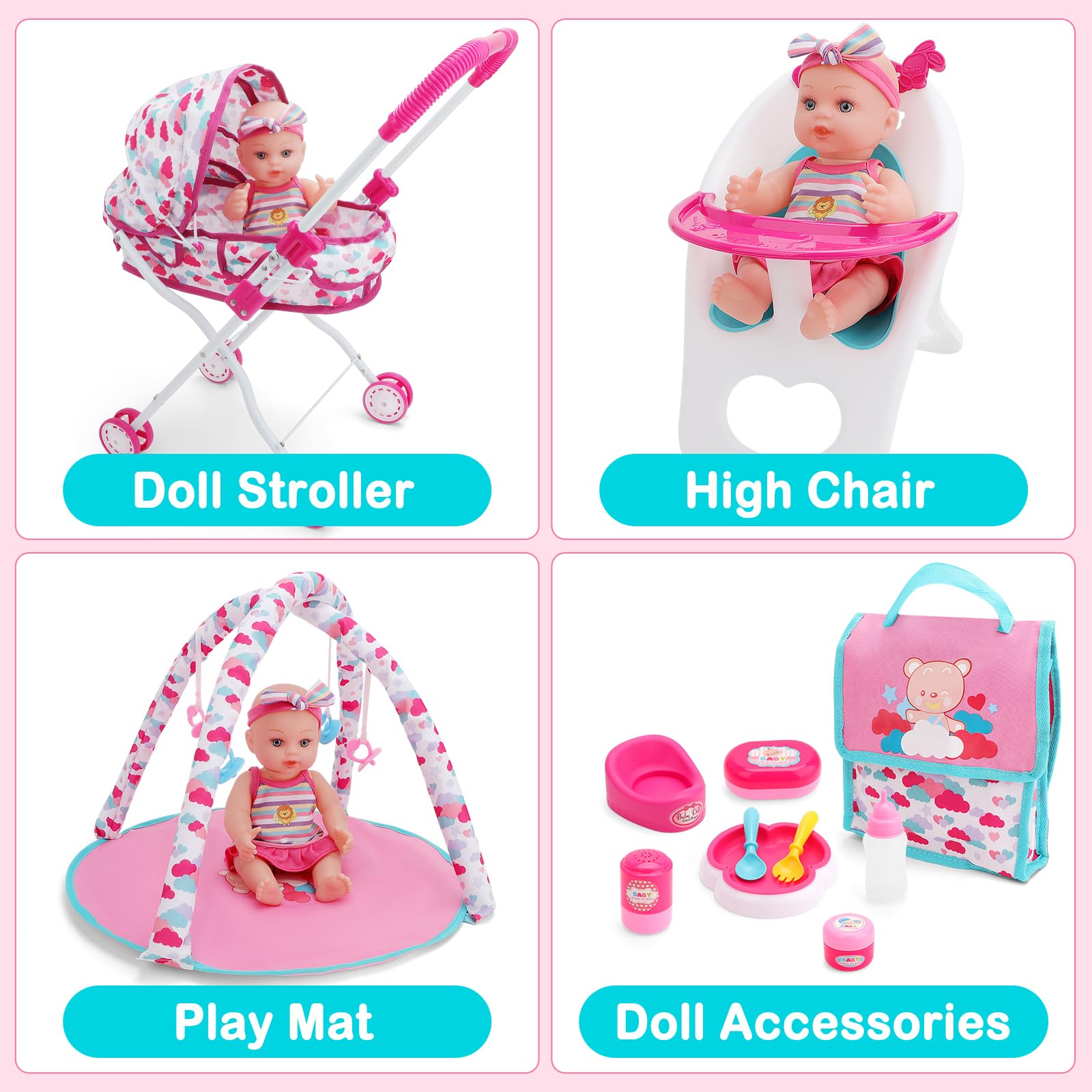 deAO Baby Doll Stroller Set with Nursery Accessories - High Chair, Play Mat, Travel Bag & Feeding Toys for Toddler Role Play | Perfect Gift for Girls | Pretend Play, Indoor Activities & Birthday Presents