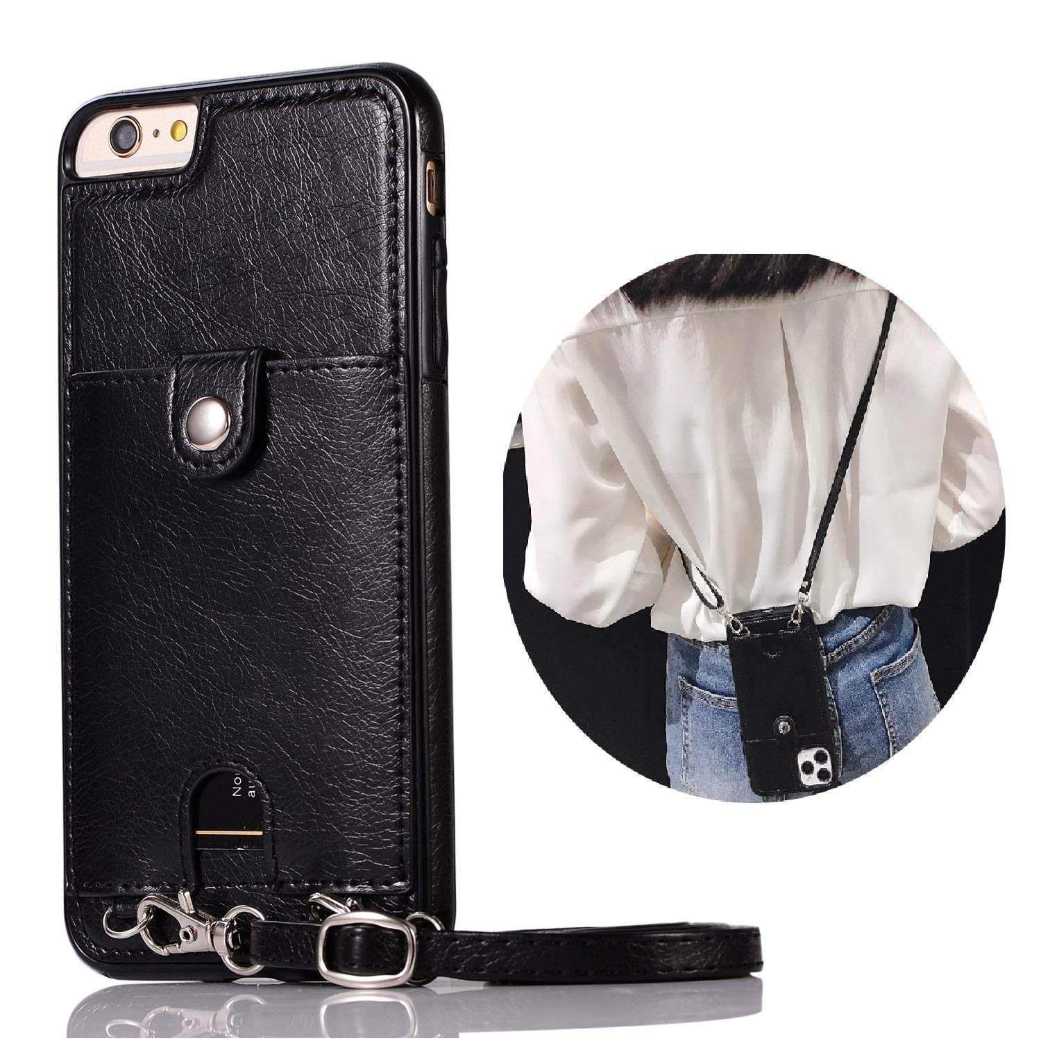 Jaorty PU Leather Wallet Phone Case for iPhone 7/8/SE (2020) - 4.7 Inch Card Holder Cover with Adjustable Detachable Anti-Lost Neck Strap - Perfect for Travel, Shopping & Everyday Use (Black)