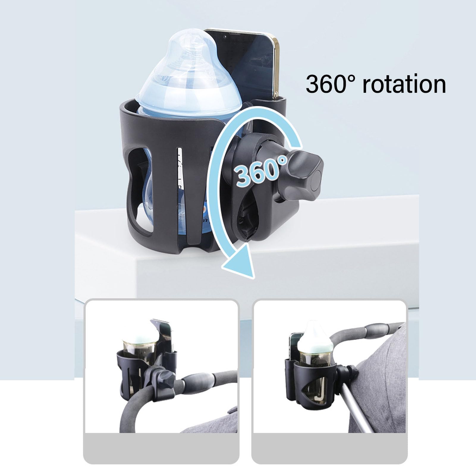 NOENNULL 2 in 1 Stroller Cup Holder with Phone Holder - Adjustable 360° Rotating Universal Drink Holder for Coffee, Water Bottles - Fits Strollers, Bikes, Wheelchairs, Shopping Carts (Black) - Perfect for Parents, Cyclists & Outdoor Activities