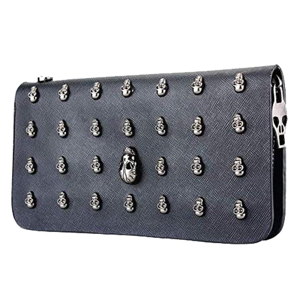 Gothic Punk PU Leather Skull Studded Card Holder Wallet for Men & Women - Stylish Zipper Purse, Clutch Handbag & Wristlet - Perfect for Night Out, Concert & Alternative Fashion