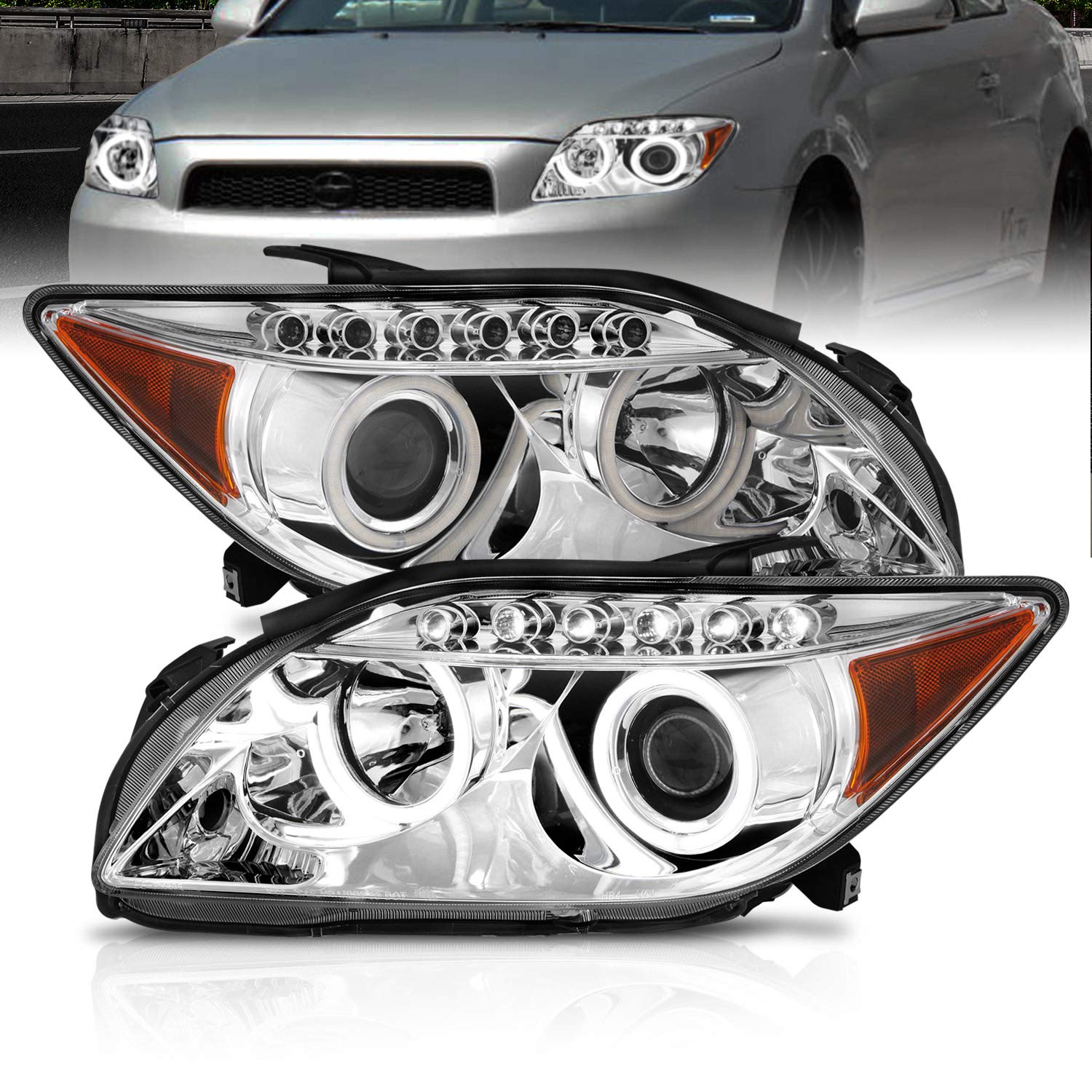 AmeriLite Chrome Ultra Bright LED Halo Projector Headlights for Scion Tc - Pair (Driver & Passenger Side) | High Visibility Night Driving & Custom Car Styling