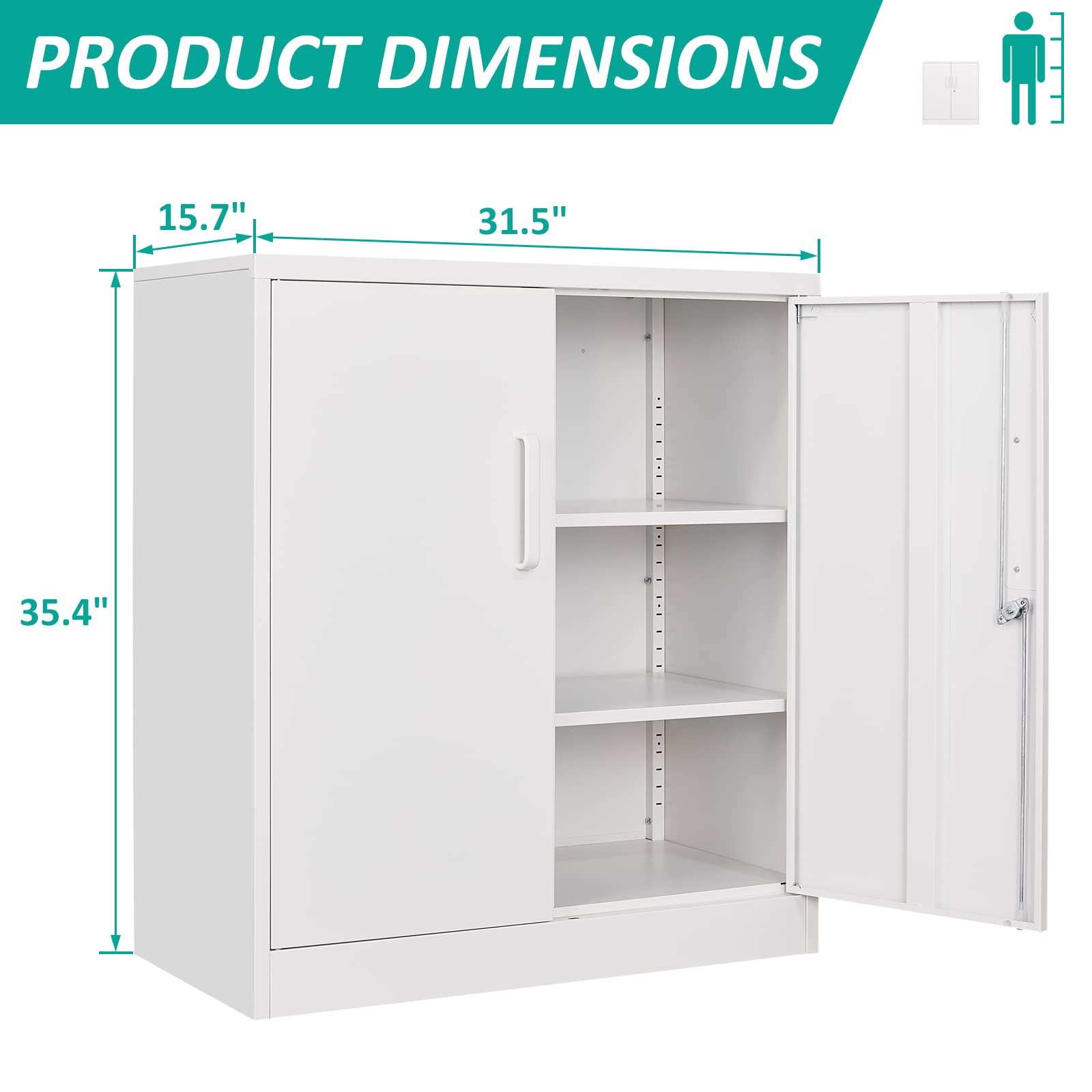 Steel Storage Cabinet with Shelves & 2 Doors - Locking Metal Cabinet for Office, Garage, Home & Pantry Organization | White Metal Storage Cabinet for Files, Tools & Supplies