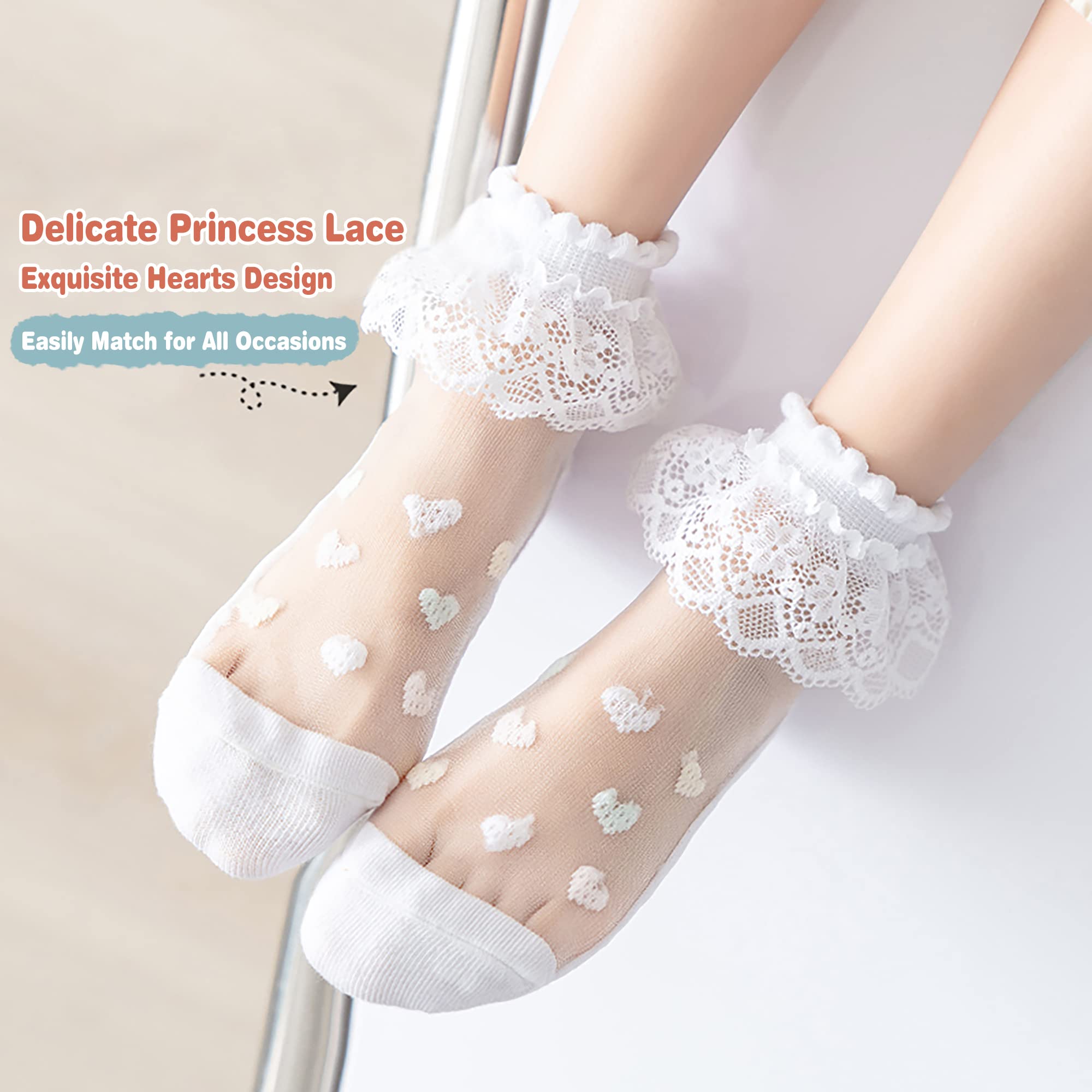 Girls' Ruffles Ankle Socks - 5 Pack Transparent Silk Lace Mesh Sheer Socks for Toddler Girls (Ages 3-16) - Perfect for School, Parties & Everyday Wear