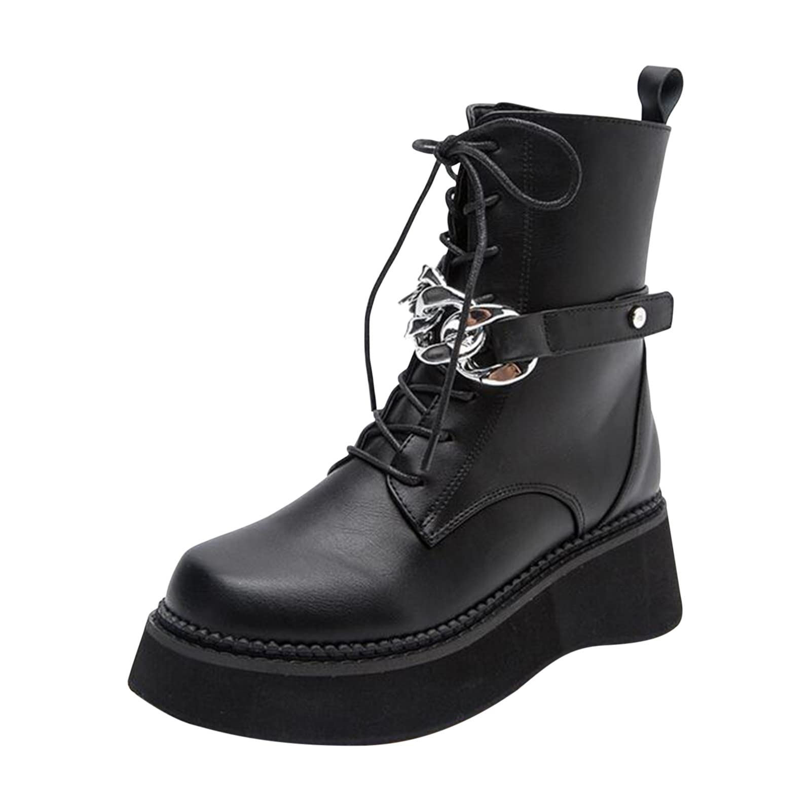 Women's Fashion Lace-Up Ankle Boots - Round Toe Chunky Heel Platform Booties with Side Zipper & Chain Detail | Comfortable Casual Shoes for Women | Perfect for Fall Outfits, Date Nights & Office Wear