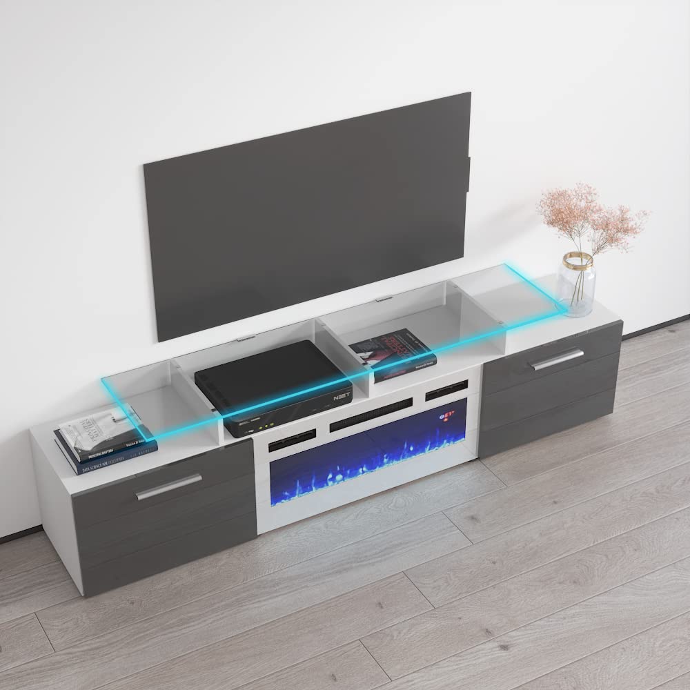 Modern High Gloss Rova WH-EF Fireplace TV Stand with Storage Cabinets & 16-Color LED Lights - White/Gray Entertainment Center for Living Room, Bedroom, Home Theater Setup