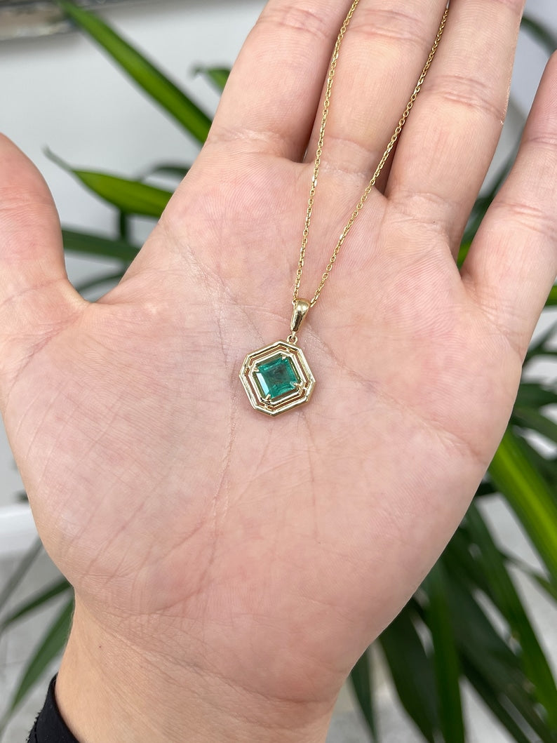 2.30ct 14K Gold Geometric Emerald Asscher Cut Solitaire Pendant for Men & Women - Elegant Unisex Necklace for Weddings, Anniversaries & Special Occasions