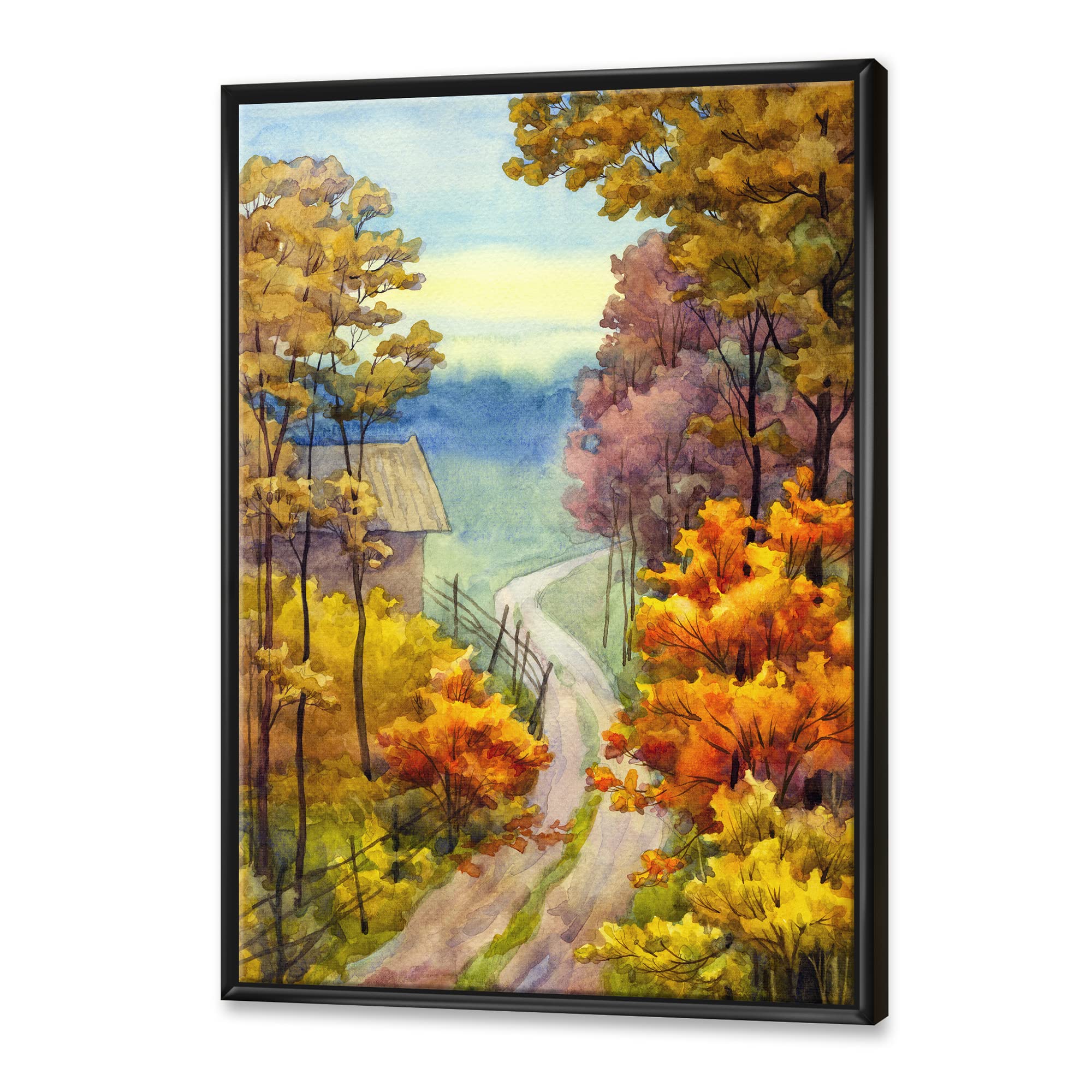 DesignQ Vibrant Autumn Lake House Framed Canvas Wall Art Print - Rustic Home Decor for Living Room, Bedroom & Office