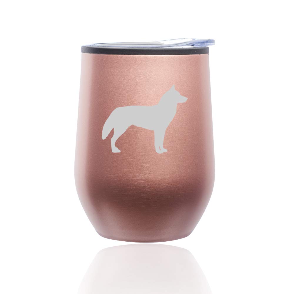 Stemless Wine Tumbler with Lid - 16oz Insulated Coffee Travel Mug, Double Wall Glass Cup for Hot & Cold Drinks - Cute Siberian Husky Design in Rose Gold - Perfect for Office, Picnics & Gifts