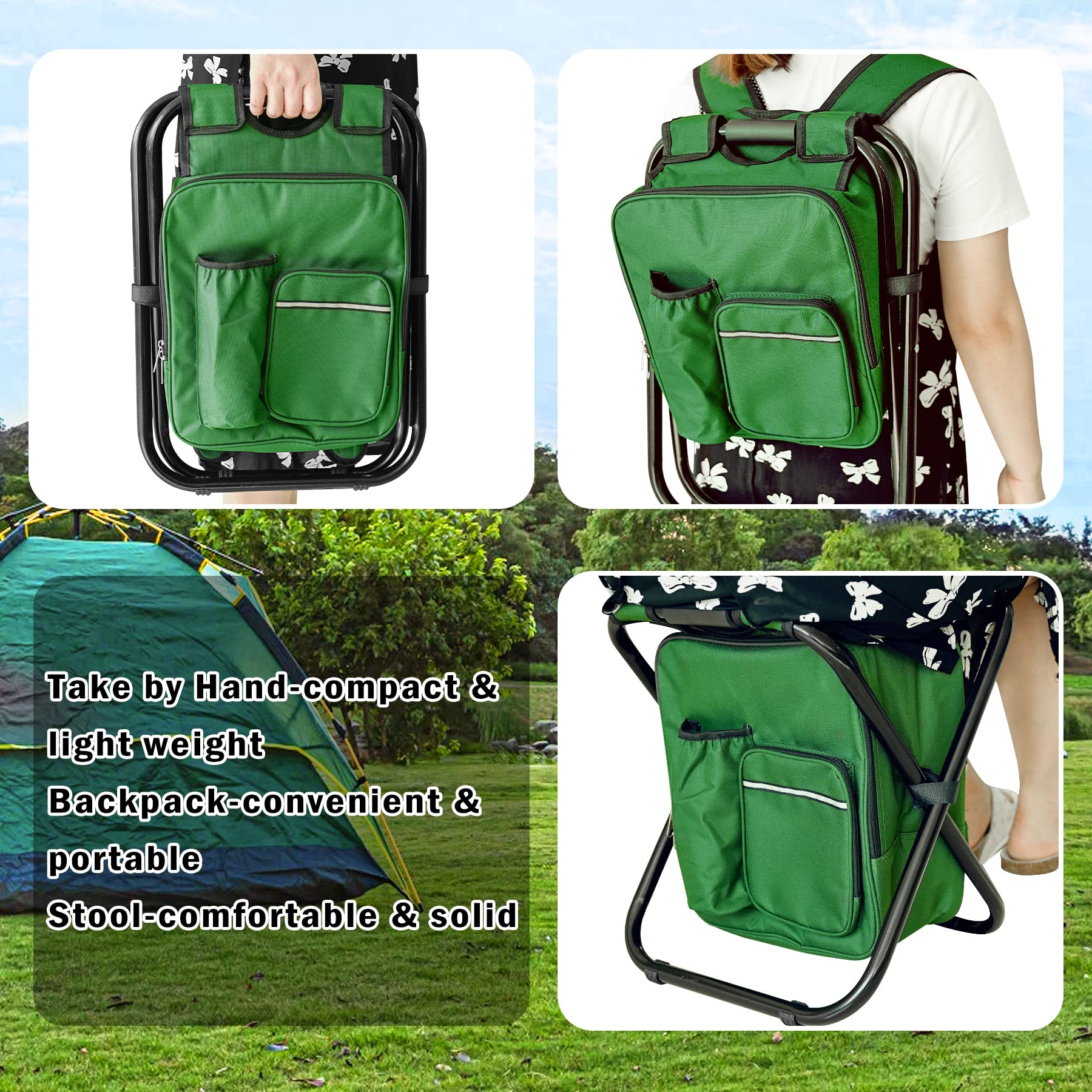 Kikerike Portable Stool Backpack Cooler Chair - 400 LBS Max Load, Folding Fishing Cooler Backpack Stool for Outdoors, Hiking, Beach, Travel, Camping, and Picnics - Army Green