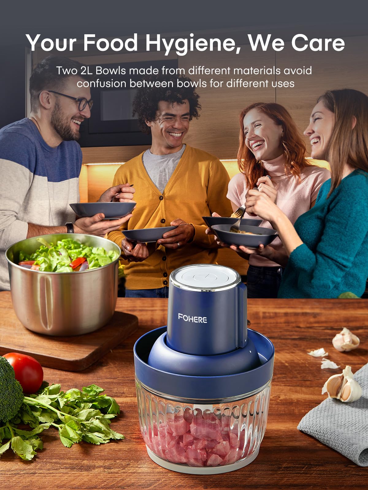 FOHERE 8-Cup & 7-Cup Electric Food Processor with Meat Grinder - 2 Bi-Level Stainless Steel Blades for Chopping Vegetables, Fruits, Nuts & Making Baby Food - Compact Kitchen Appliance for Meal Prep, Smoothies & Healthy Cooking (Blue)