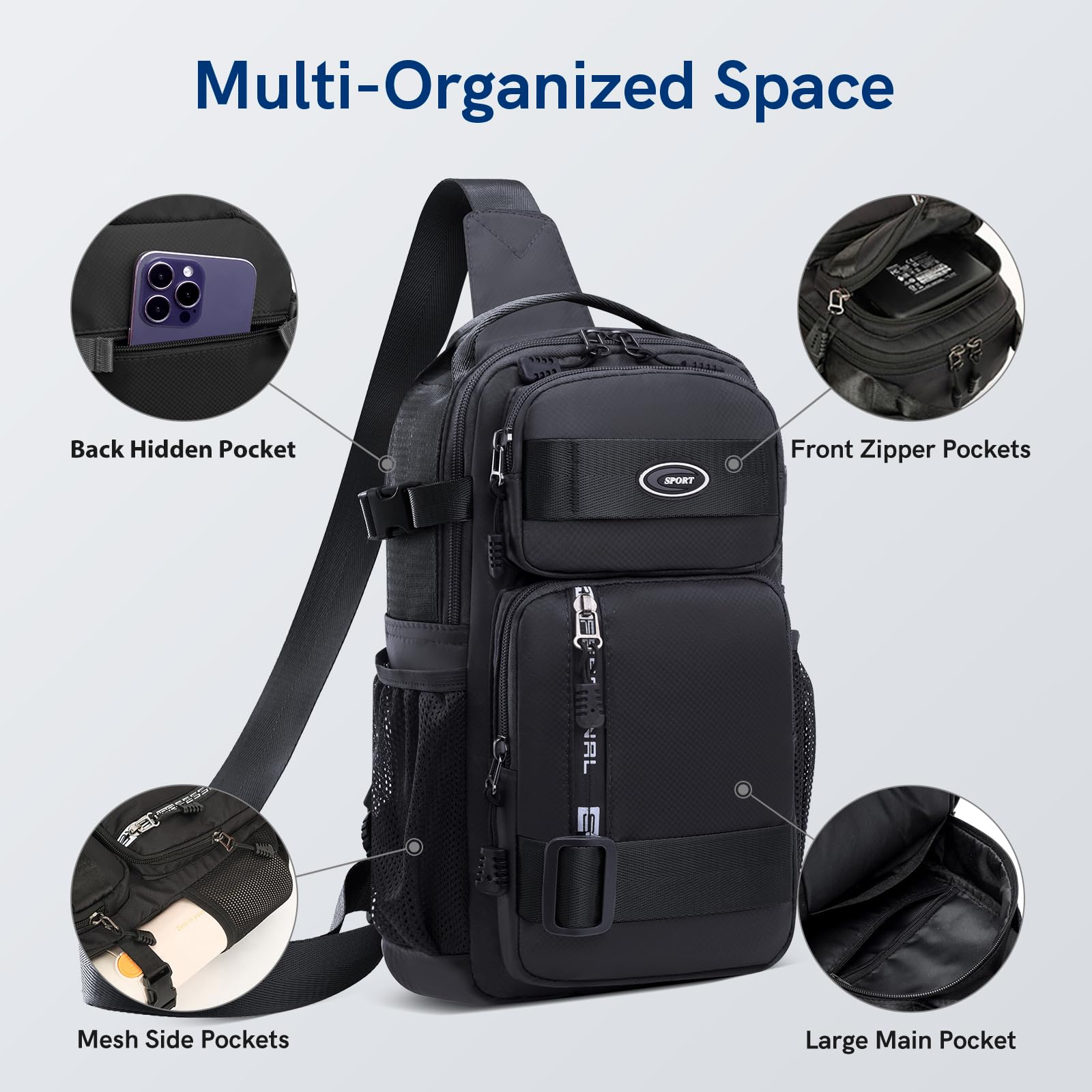 VGOAL Tactical Crossbody Sling Backpack - Small Chest Bag for Hiking, Cycling, Travel & Outdoor Activities - Lightweight Daypack for Men & Women (Black) - Perfect for Daily Commute, Gym, Camping & Adventure Trips