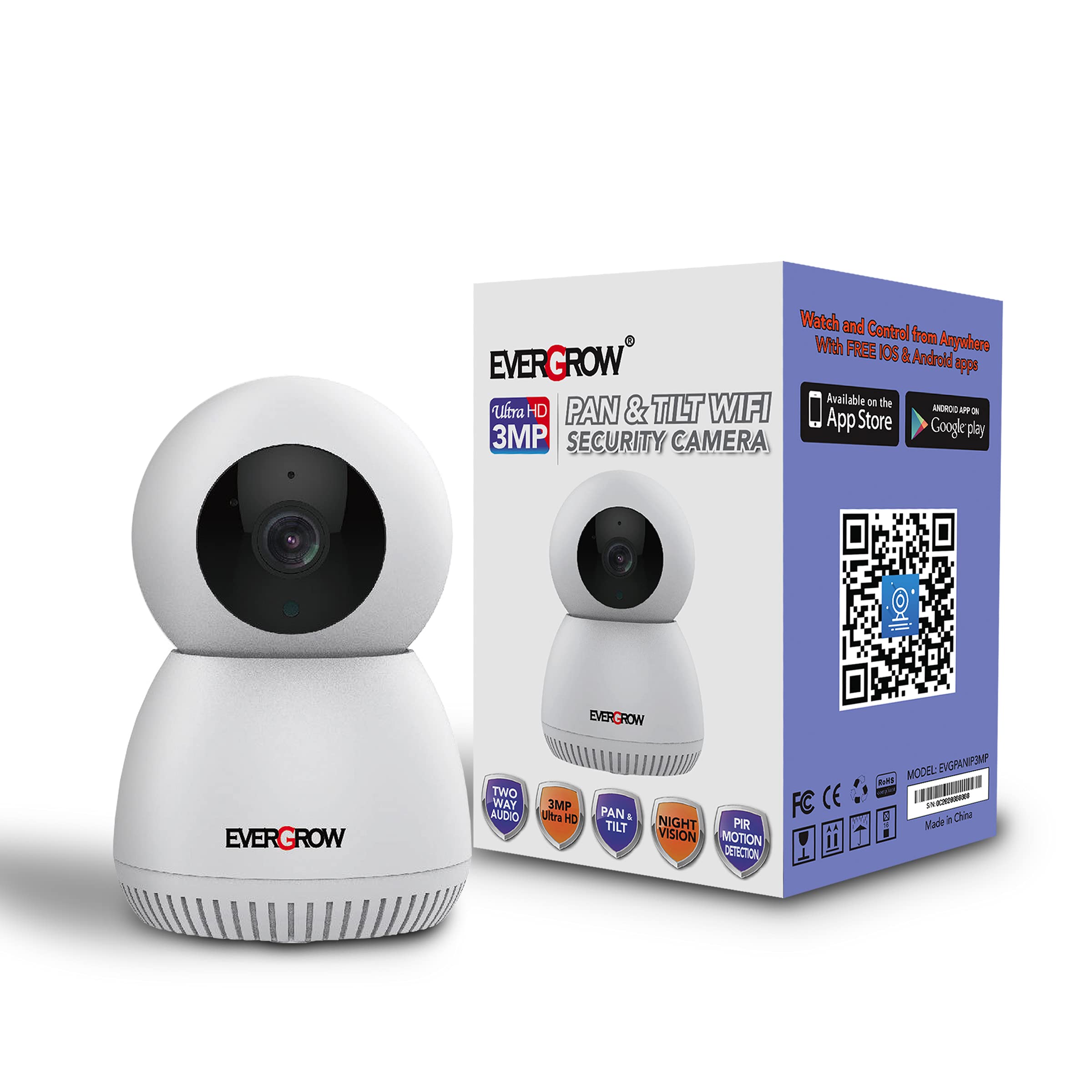 EVERGROW 3MP Ultra HD Pet Camera with Sound & Motion Detection, IR Night Vision, 2-Way Audio & 8X Zoom - WiFi Baby Monitor & Home Security Camera with Cloud Service (CAM-43-6) for Pet Monitoring, Baby Care & Indoor Security