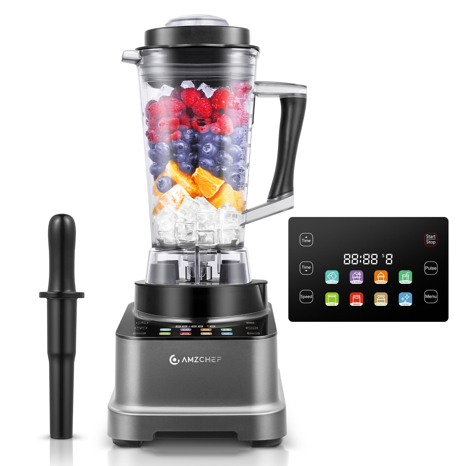 AMZCHEF 8-in-1 Blender with 8 Preset Programs & 10 Speeds | 2000W Auto-IQ Smart Blender with LCD Touchscreen | 2L Glass Jar for Smoothies, Ice Crushing, Purees, Sauces | Perfect for Kitchen, Home, Gym & Office | Gray