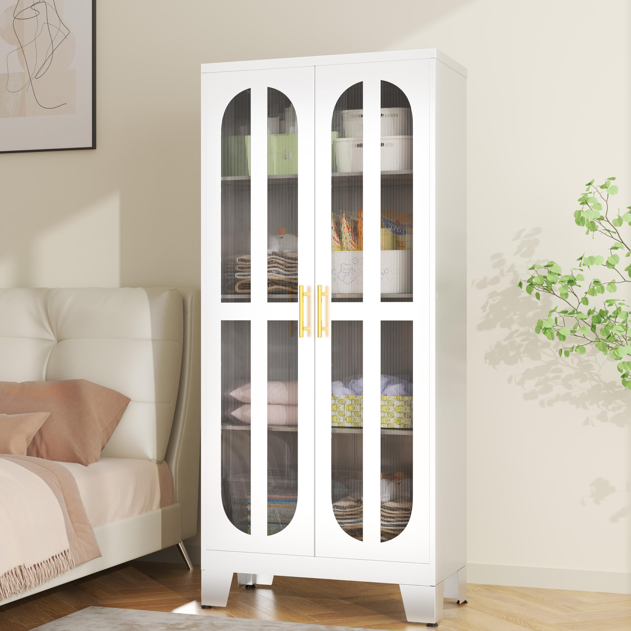 Stainless Steel Kitchen Pantry Storage Cabinet with Acrylic Glass Doors & Adjustable Shelves - 61.02