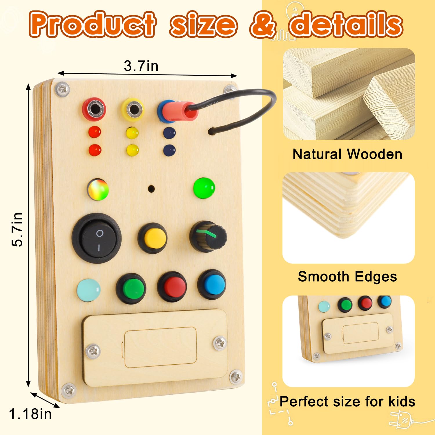 Montessori Busy Board for Toddlers 1-3 - Wooden Sensory Toys with LED Light Switch & Pluggable Wires - Autism Sensory Wall Panel & Fidget Board for Kids - Perfect for Early Learning, Travel, and Home Playtime