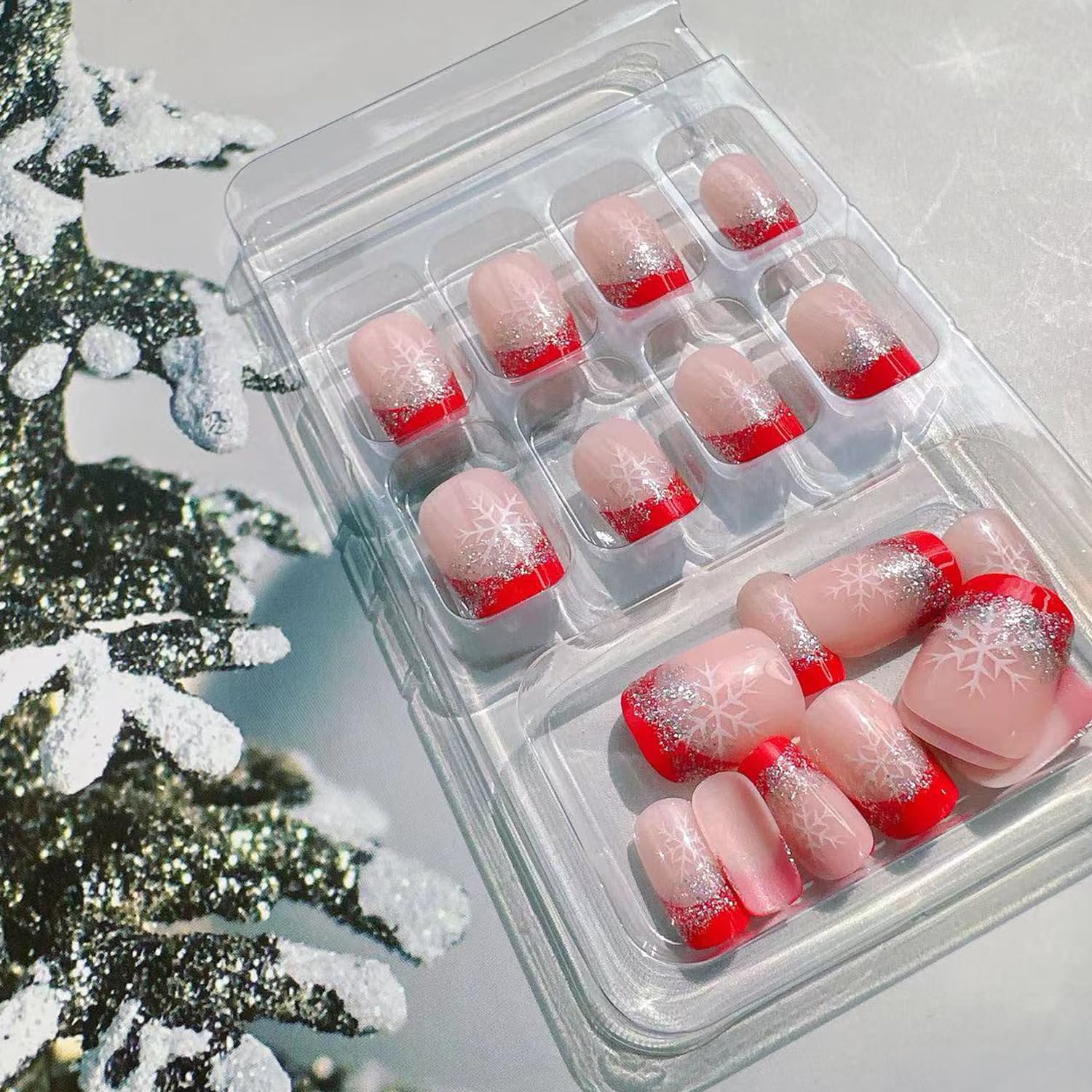 Christmas Press on Nails Short Square - French Glitter Snowflake Design, Red Glossy Sparkly Silver Xmas Fake Nails with White Snow Patterns | Full Cover Glue on False Nails for Women | Perfect for Holiday Parties, Gift Giving & Winter Nail Art