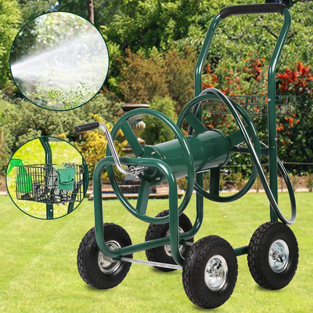 Heavy Duty Steel Garden Hose Reel Cart with Wheels & Storage Basket - Outdoor Watering Truck for Lawn, Patio, Garden - Durable Yard Hose Reel for Easy Watering & Planting | Perfect for Backyard, Greenhouse & Landscaping