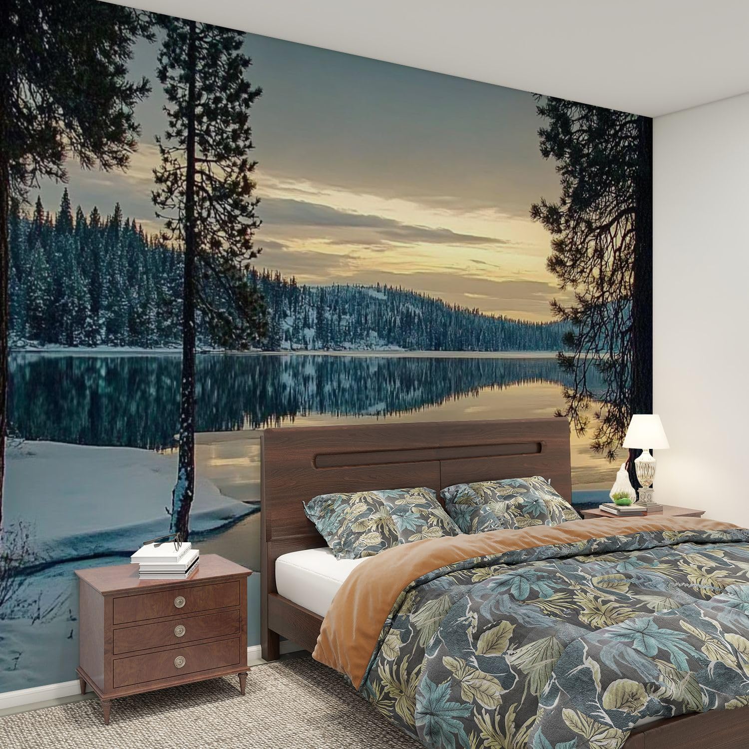 Idaho Mountain Lake Winter Sunset Peel and Stick Wallpaper - Self-Adhesive Removable Wall Mural (100''x144'') for Living Room, Bedroom & TV Background - Easy DIY Home Decor for Modern Interior Design