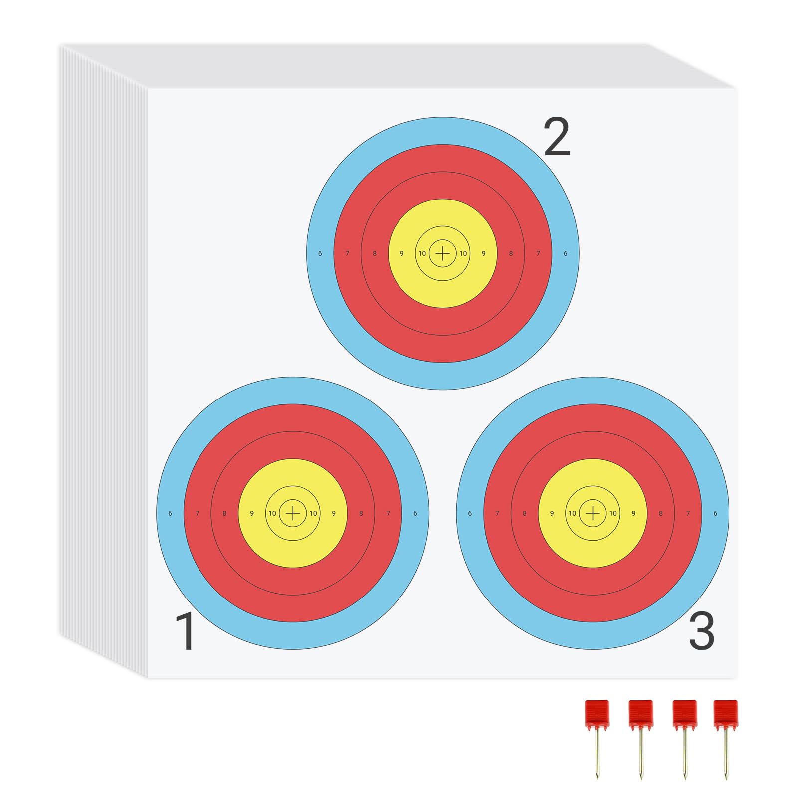 100-Piece Archery Target Paper Set - 3-Spot Bow and Arrow Practice Targets (17x17 Inches) with Pins - Perfect for Indoor/Outdoor Shooting Range, Hunting Training & Competitive Archery Practice