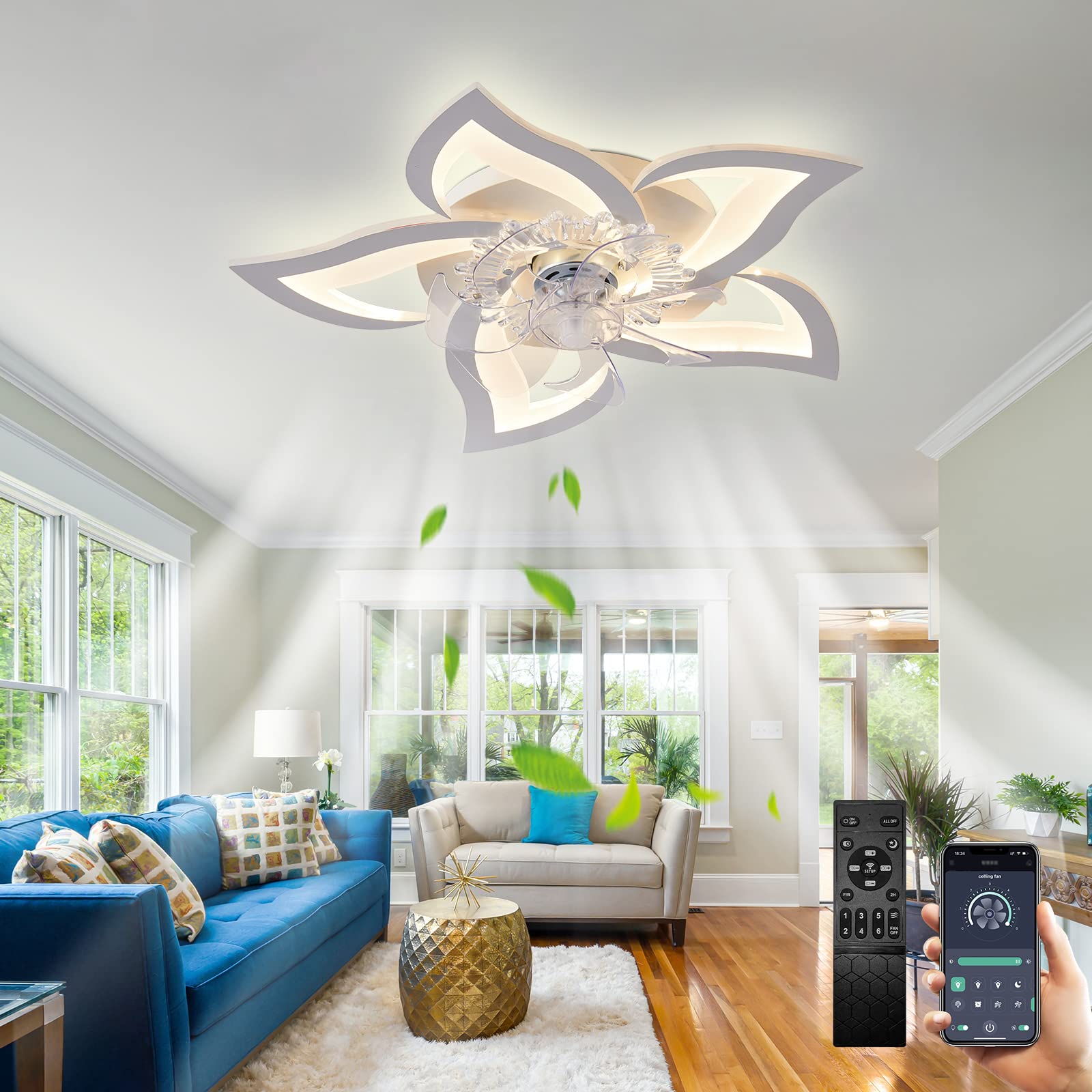 Modern LED Ceiling Fan with Light - 50W Flower Design, Remote Control, 3 Speed Settings, Dimmable & Timer Function - Perfect for Bedroom, Kids Room & Nursery (23.6 Inch)