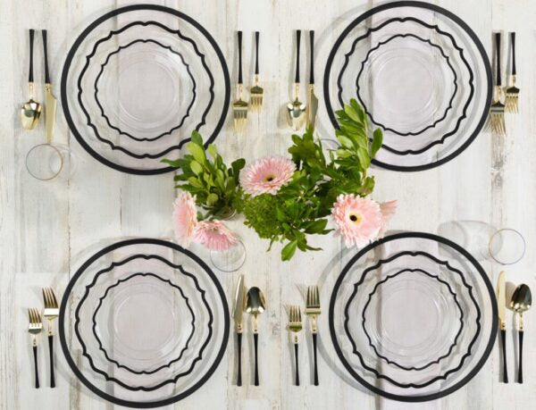 32-Piece Clear & Black Rim Plastic Dinnerware Set for 16 Guests - Modern Dinner Plates, Salad Plates, Bowls & Cups - Perfect for Outdoor Dining, Parties, BBQs & Picnics