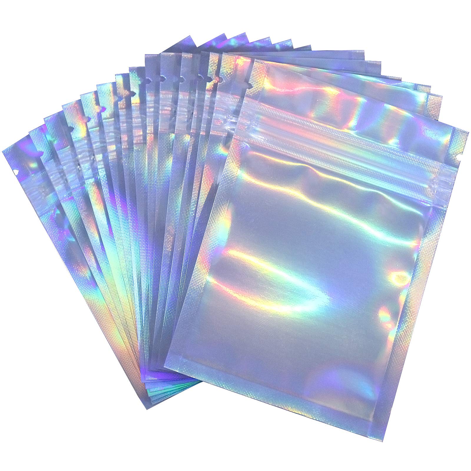 50 Pack Smell Proof Resealable Ziplock Bags - 7x9 Inch Flat Clear Food Storage Pouches, Holographic Rainbow Aluminum Foil Bags for Airtight Packaging | Perfect for Storing Herbs, Snacks & Travel Essentials