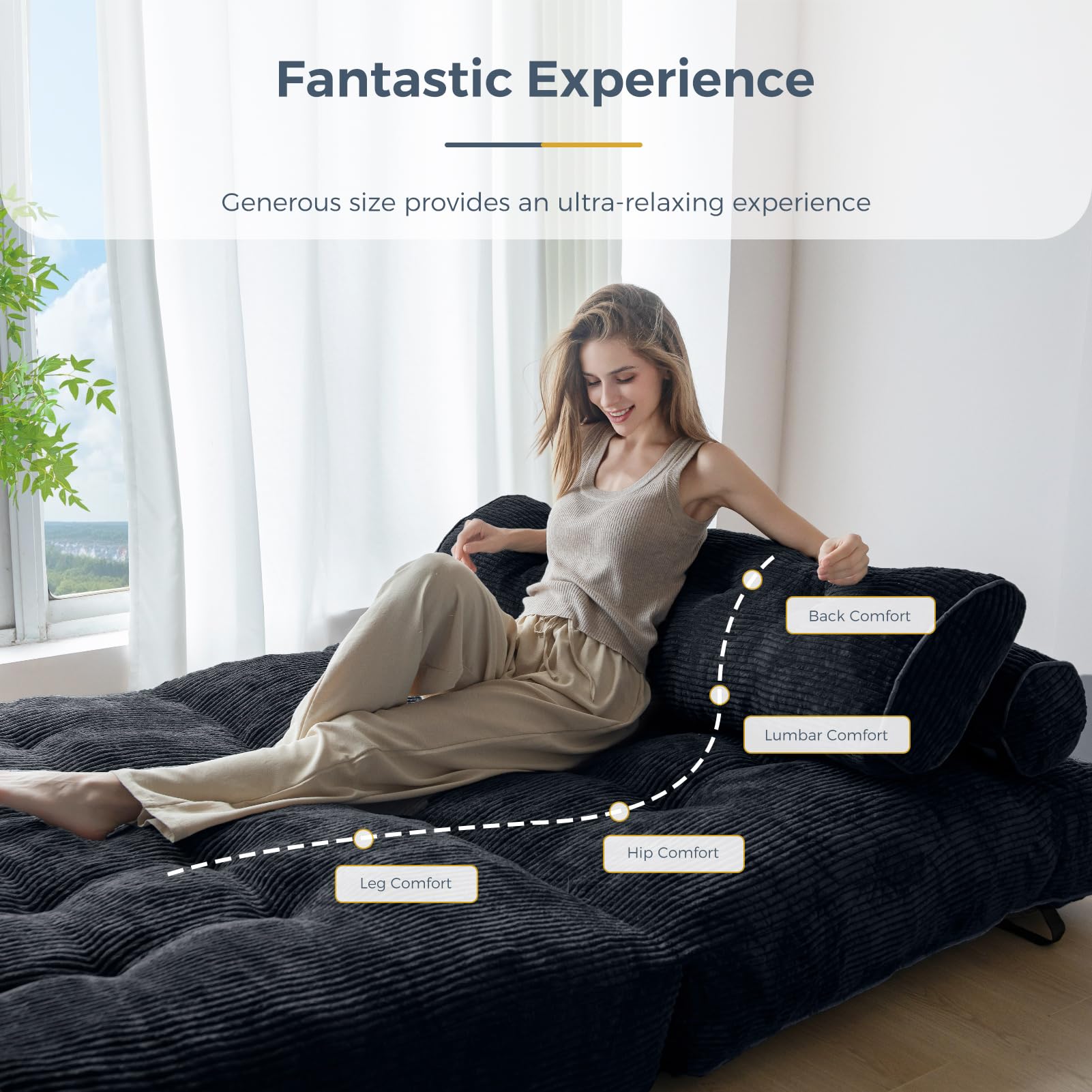 MAXYOYO Corduroy Folding Sofa Bed - Convertible Sleeper Chair with Pillow & Back Support | Foldable Mattress for Small Spaces | Perfect for Guest Room, Studio Apartment & Office Lounges (Black)