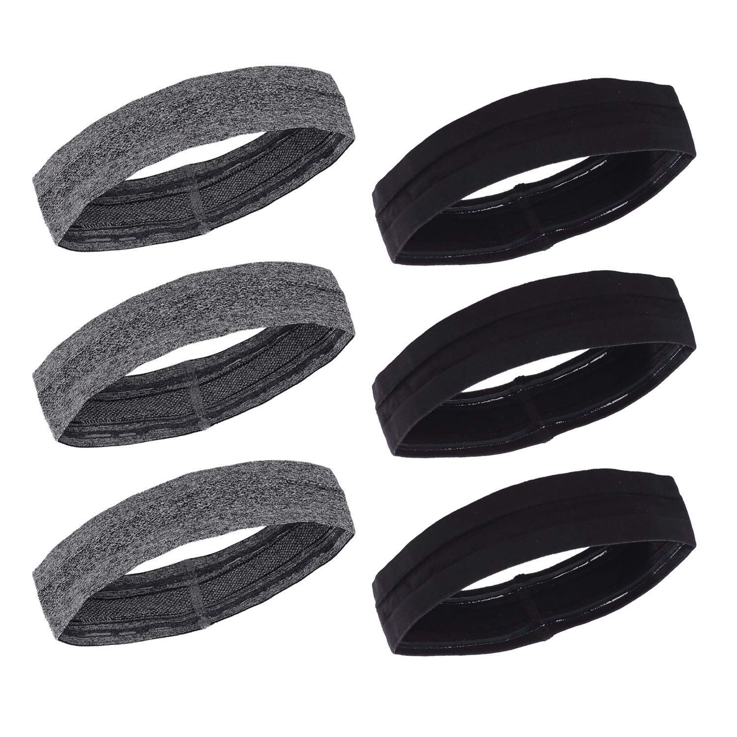 Non-Slip Silicone Headbands 6-Pack - Adjustable Sweat-Wicking Workout Headbands for Men & Women - Perfect for Yoga, Running, Gym & Fitness - Black & Grey Set