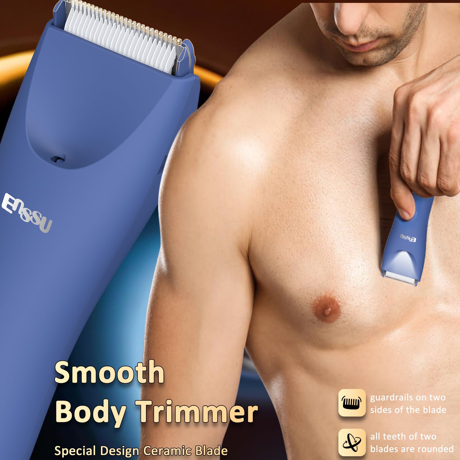 ENSSU Rechargeable Men's Body Hair Trimmer with LED Light & Waterproof Design - Pubic, Chest & Ball Trimmer with Charging Dock & Indicator (Blue) - Perfect for Travel, Gym & Home Grooming