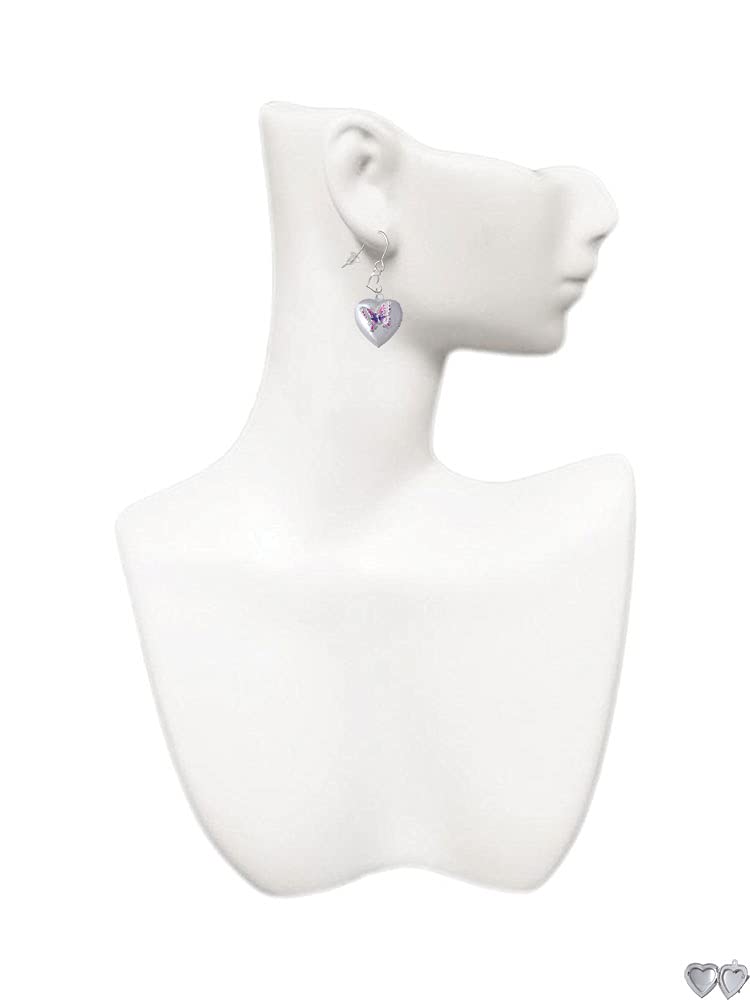 Silver Butterfly Heart Locket Earrings - Elegant French Jewelry for Gifts