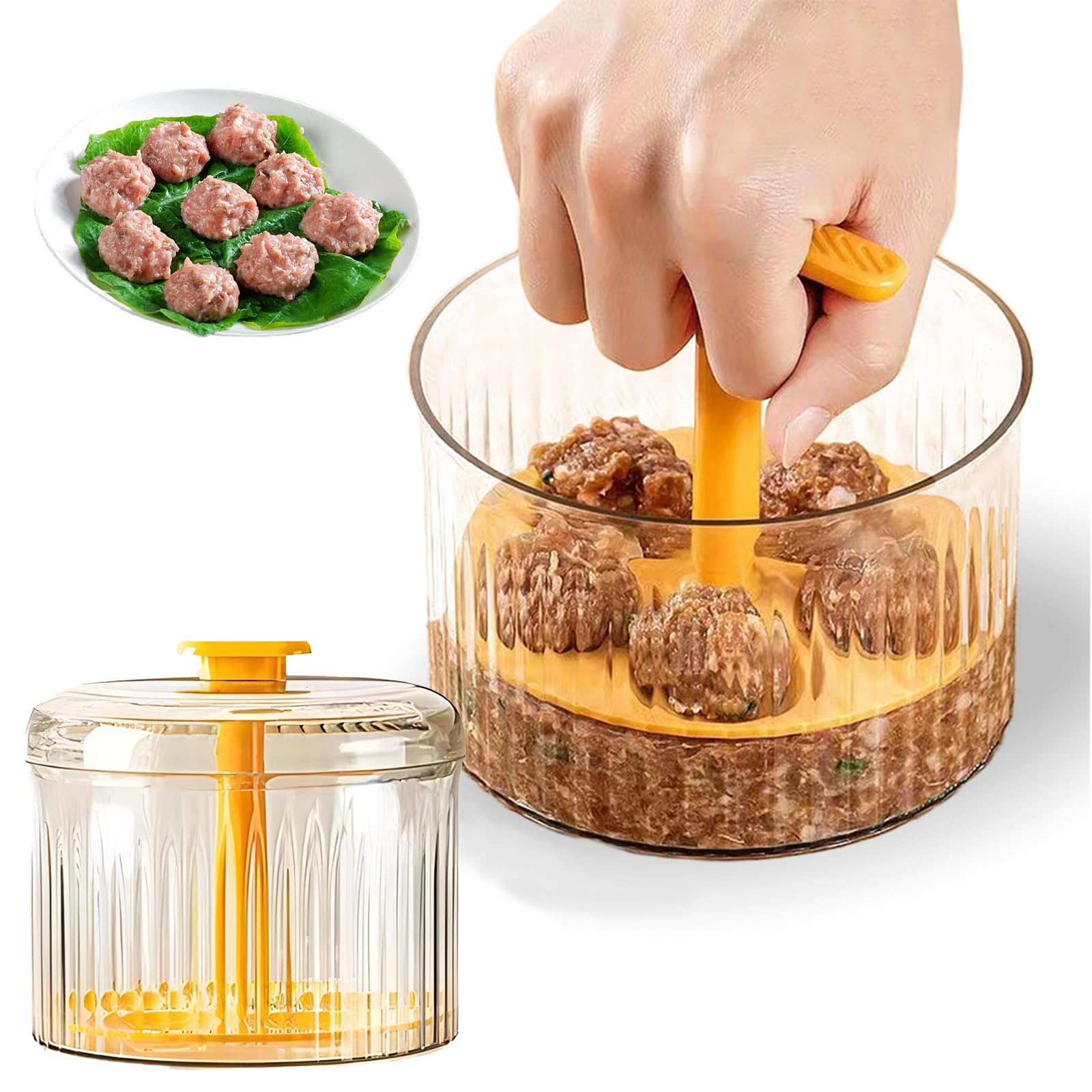 5-in-1 Manual Meatball Maker Tool - Kitchen Gadget for Perfect Homemade Meatballs (5 Balls at Once) with Freezer-Safe Storage Container (Yellow) - Ideal for Meal Prep, Family Cooking & Party Food Preparation
