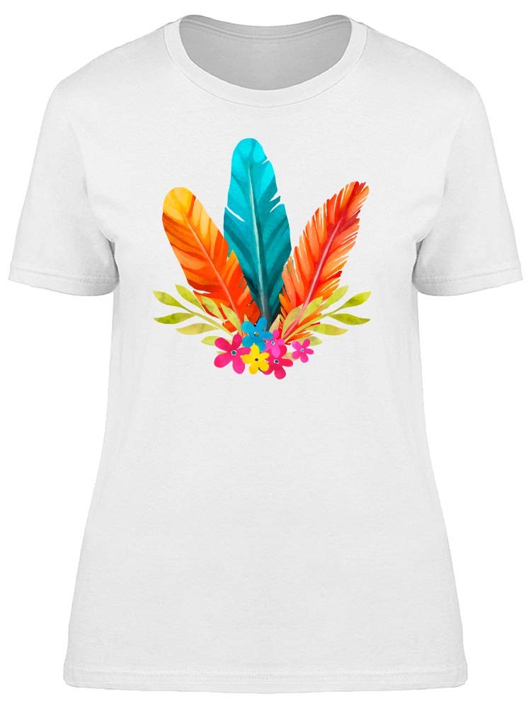 Stylish Orange & Blue Feathers Graphic T-Shirt for Women - Casual & Trendy Top for Everyday Wear, Outings, and Social Events