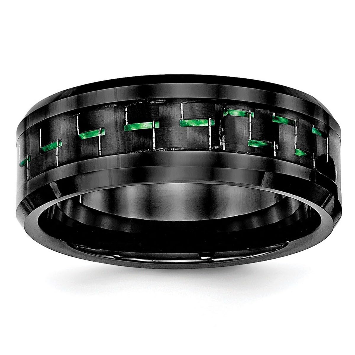 8mm Black Ceramic Ring with Green Carbon Fiber Beveled Edge - Engravable Jewelry for Women (Size 13) - Perfect for Weddings, Anniversaries & Everyday Fashion Accessories