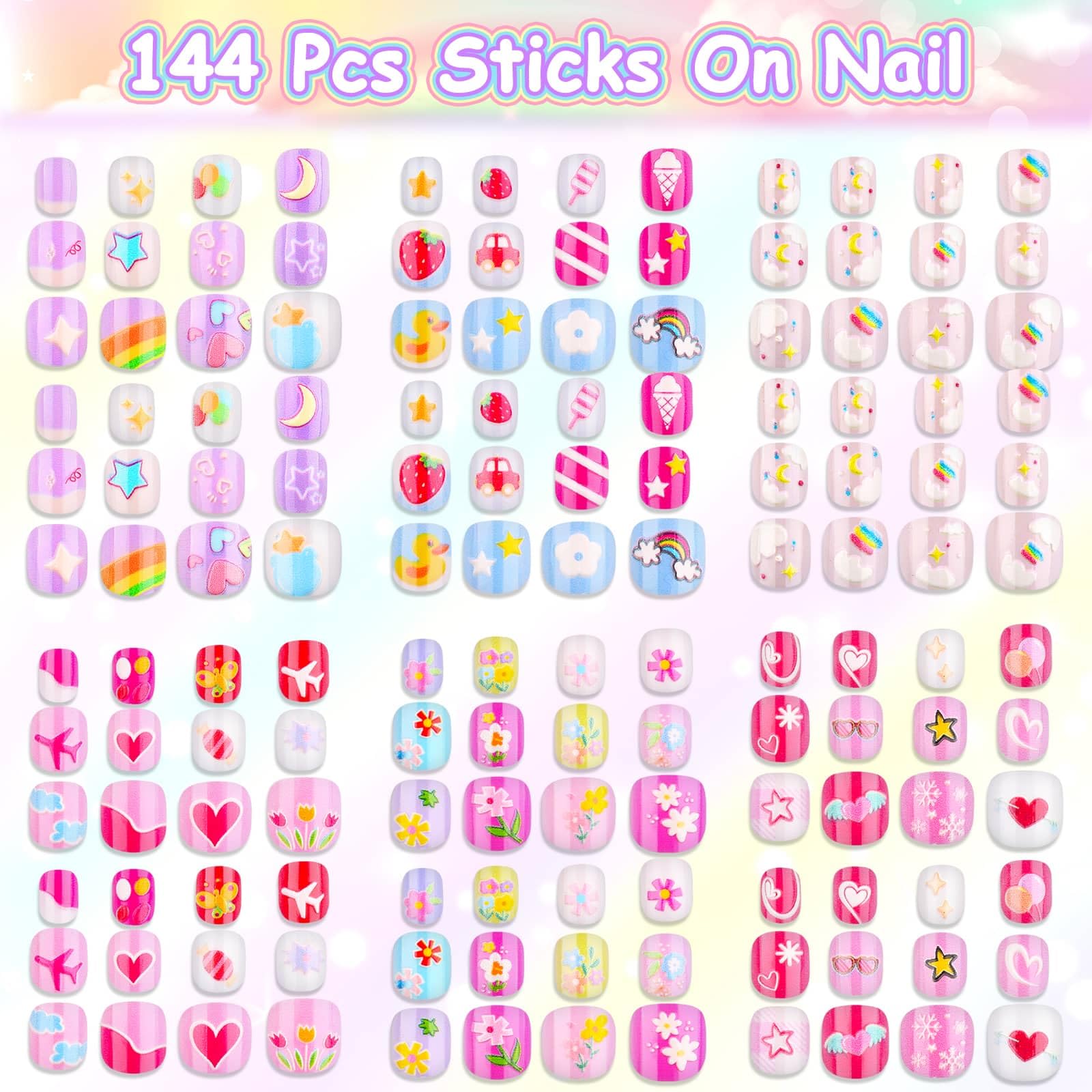 144-Piece Kids Press-On Nails Kit - Short Fake Nails for Girls, Full Cover Stick-On Nail Tips - Perfect for Sleepovers, Spa Parties, Valentine's Day Gifts & DIY Manicures at Home