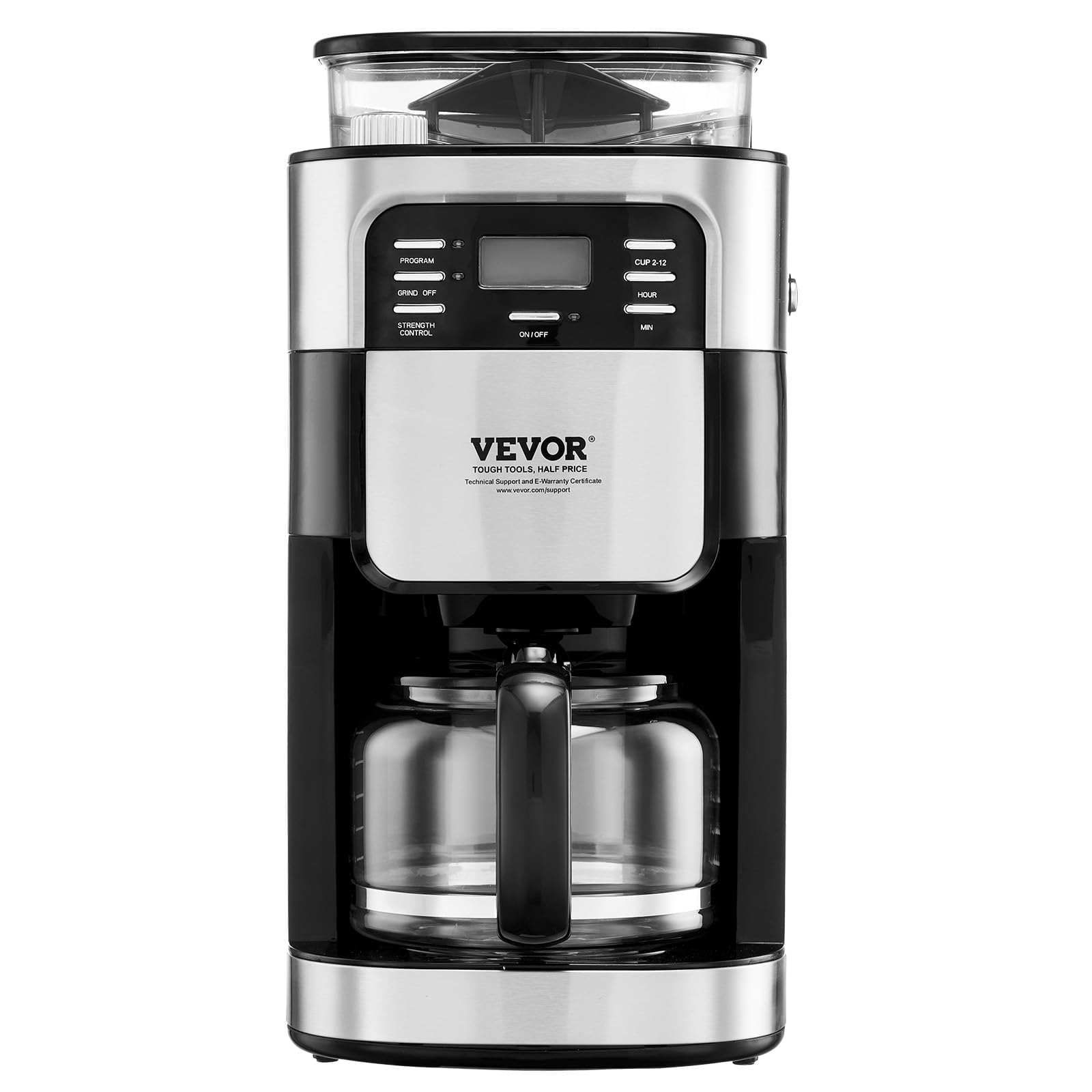 VEVOR 12-Cup Coffee Maker with Built-in Grinder, 3-Strength Control & 24-Hour Programmable Timer - Automatic Grind and Brew Coffee Machine for Home, Office, Restaurant Use