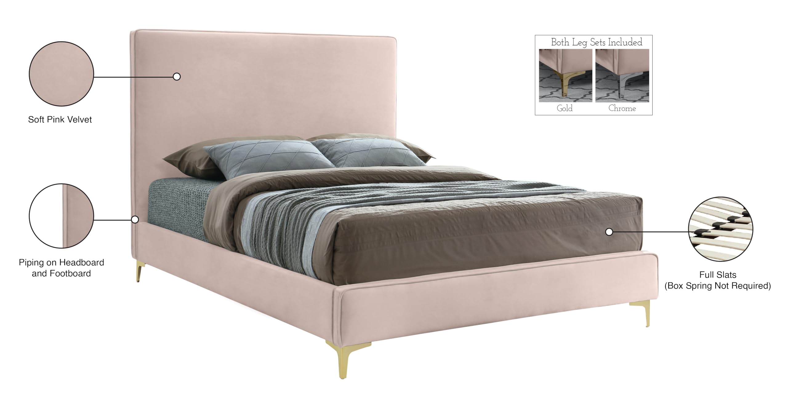 Modern Velvet Upholstered King Bed with Gold/Chrome Finish - Geri Collection by Meridian Furniture | Luxury Bedroom Decor for Contemporary Homes & Master Suites