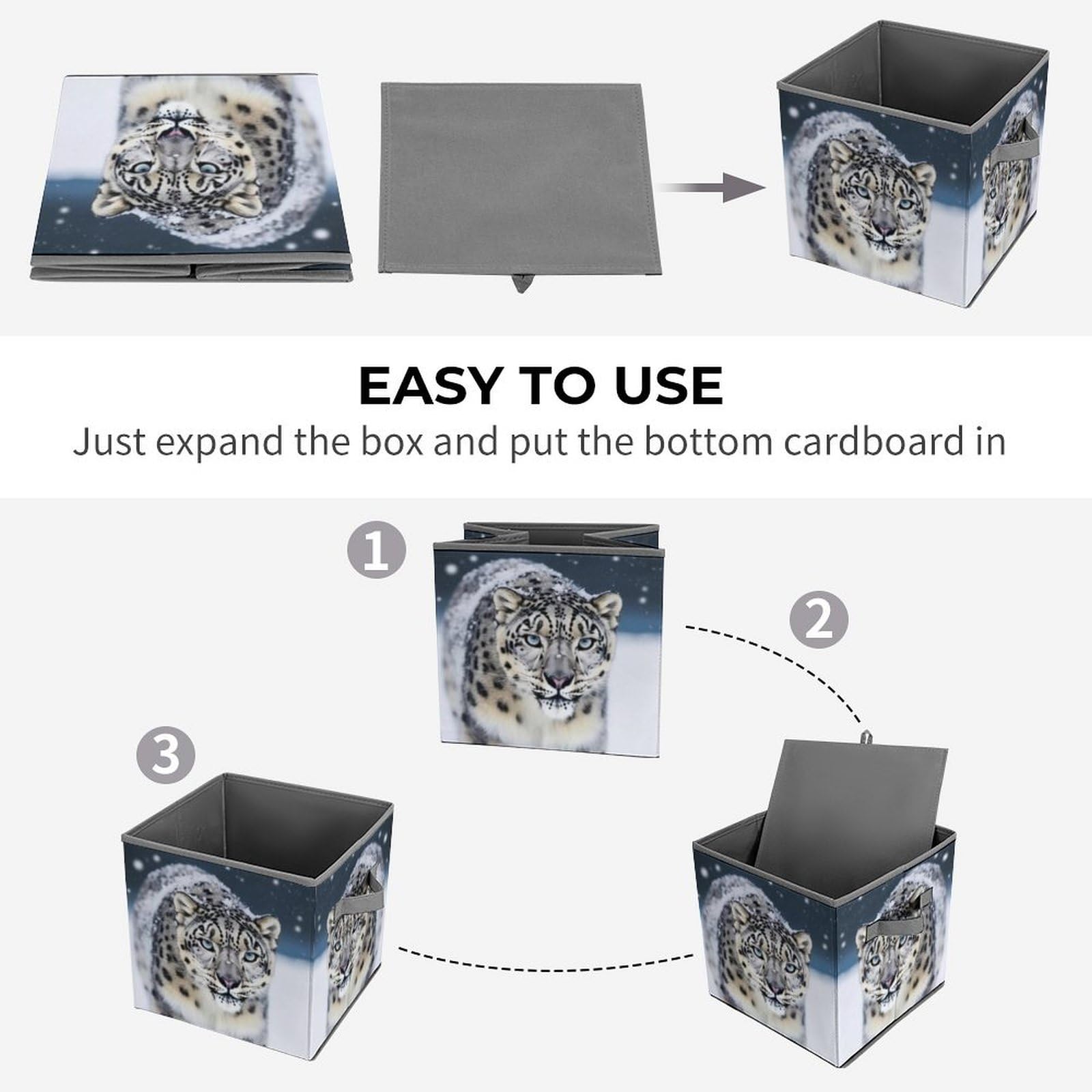 Foldable Blue Eyed Snow Leopard Storage Cubes with Handles - Closet Organizer Bins for Clothes, Cabinet & Shelf Organization | Perfect for Bedroom, Nursery & Dorm Storage Solutions