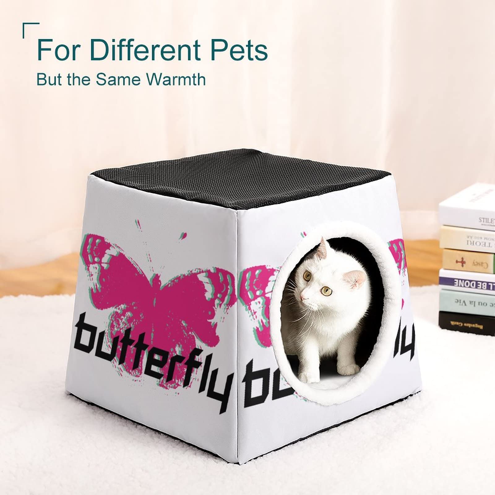 Printed Cat Houses & Condos - Foldable Cat Cube Bed with Removable Pillow - Butterfly Red Design for Indoor Cats - Perfect for Living Room, Bedroom or Office Pet Space