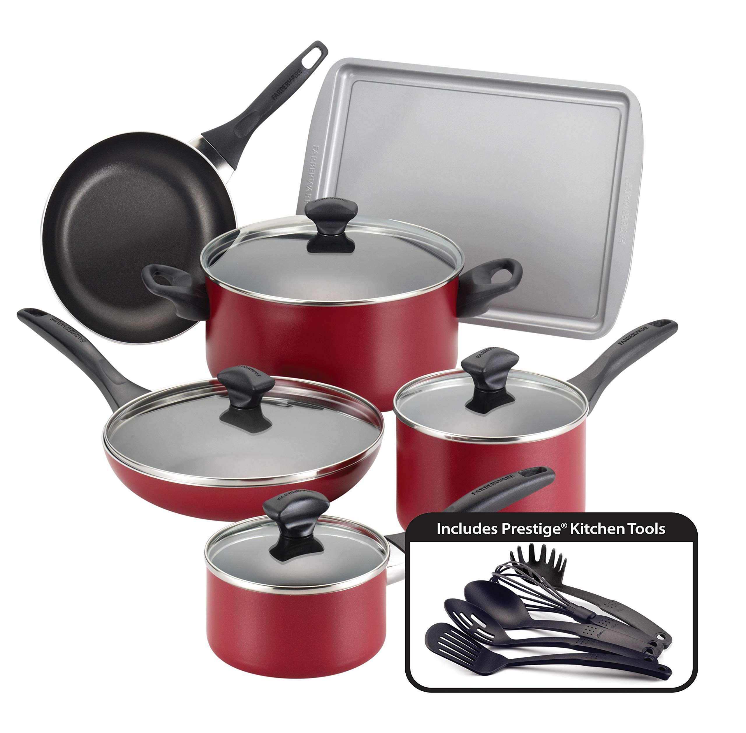 Farberware Red 11-Piece Nonstick Cookware Set - Dishwasher Safe Pots, Pans & Baking Tools for Easy Cooking & Baking | Perfect for Home Kitchens & Professional Chefs